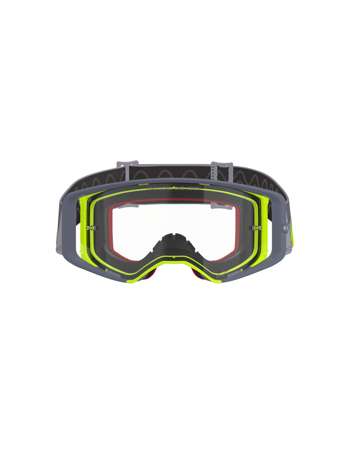 Alpinestars Supertech Stream goggles, motocross-briller, grå og fluorescerende gul ramme med klar linse, set forfra med bredt udsyn og teknisk rammekonstruktion, øjenbeskyttelse til off-road racing