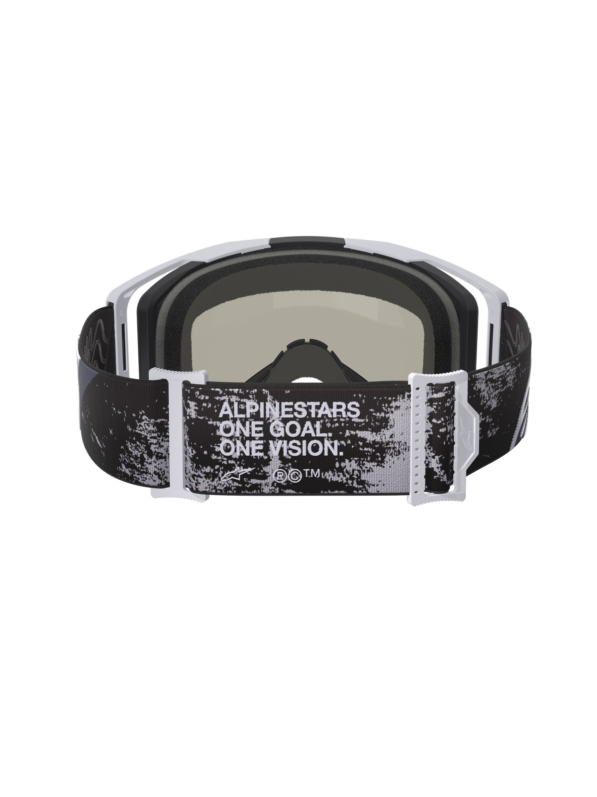 Alpinestars Vision 8 Lahnd Goggles, motocross-briller, Iron Camo og Mirror Silver, set bagfra med justerbar rem med 'ONE GOAL. ONE VISION.' tekst, camouflagemønster med hvide og grå steldetaljer