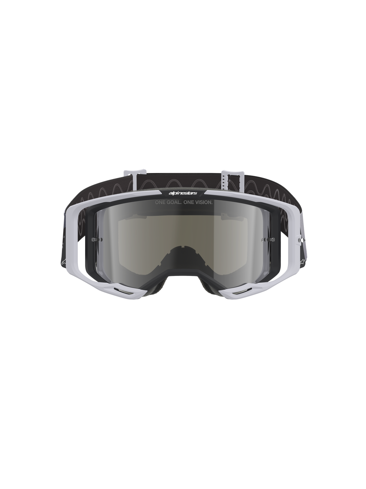 Alpinestars Vision 8 Lahnd Goggles, motocross-briller, Iron Camo Mirror Silver, lysegrå ramme med en sølvfarvet spejllinse, sort rem med bølgemønster, professionelle briller til off-road racing og motocross