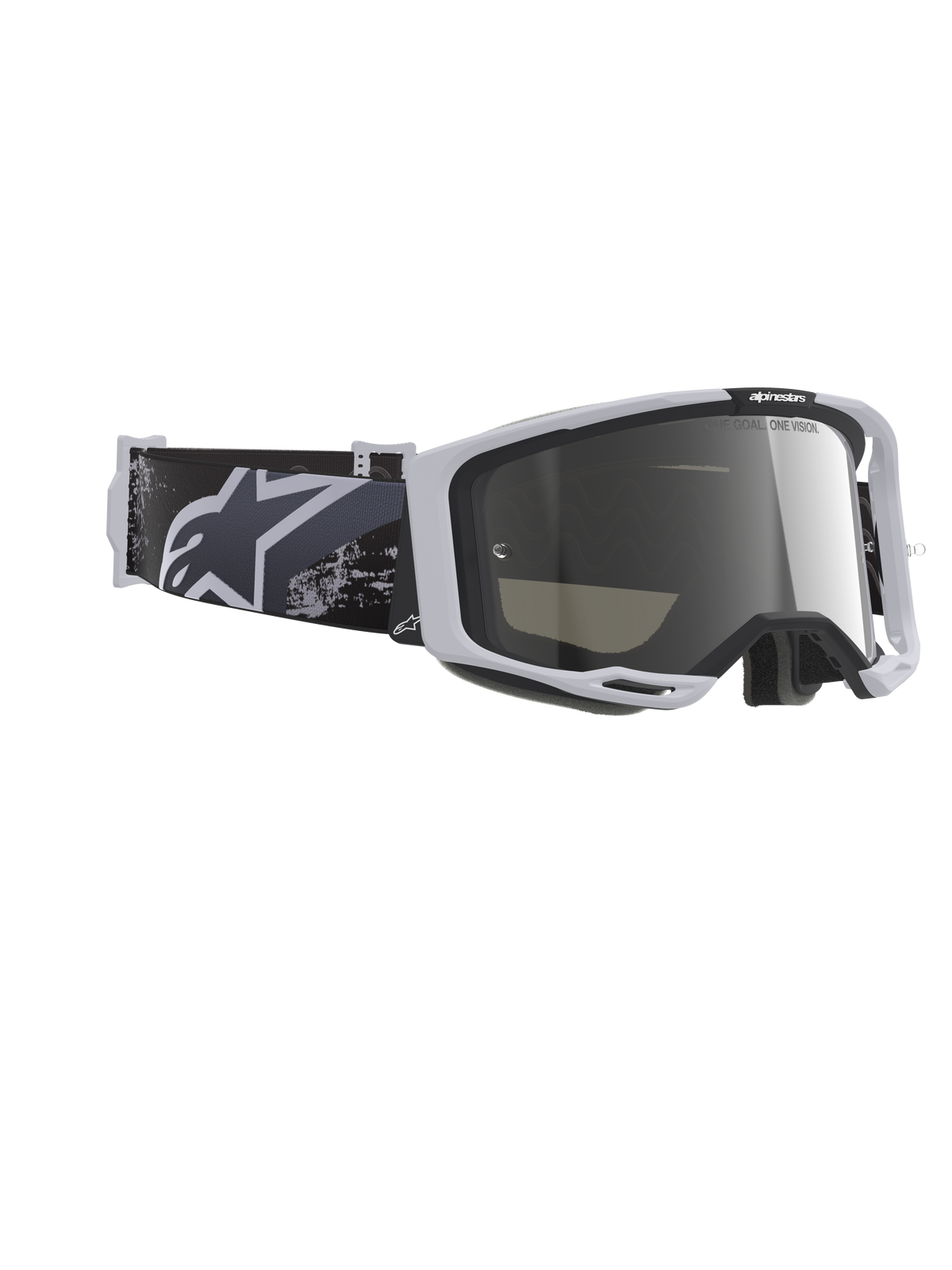 Alpinestars Vision 8 Lahnd Goggles, motocross-briller, Iron Camo Mirror Silver, lysegrå ramme med spejlsølv-linse, sort og grå camouflage-rem med hvidt Alpinestars-logo, højtydende off-road øjenbeskyttelse