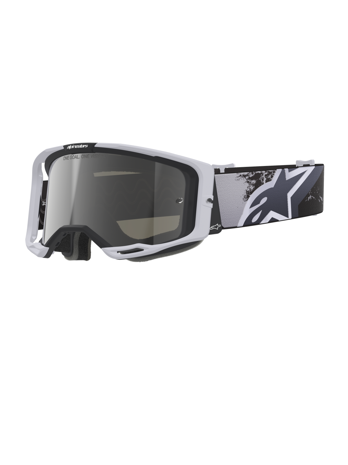 Alpinestars Vision 8 Lahnd Goggles, motocross-briller, Iron Camo Mirror Silver, hvid ramme med en sølvfarvet spejllinse, gråtonet camouflage-rem med et stort hvidt stjerne-logo, højtydende briller til off-road racing