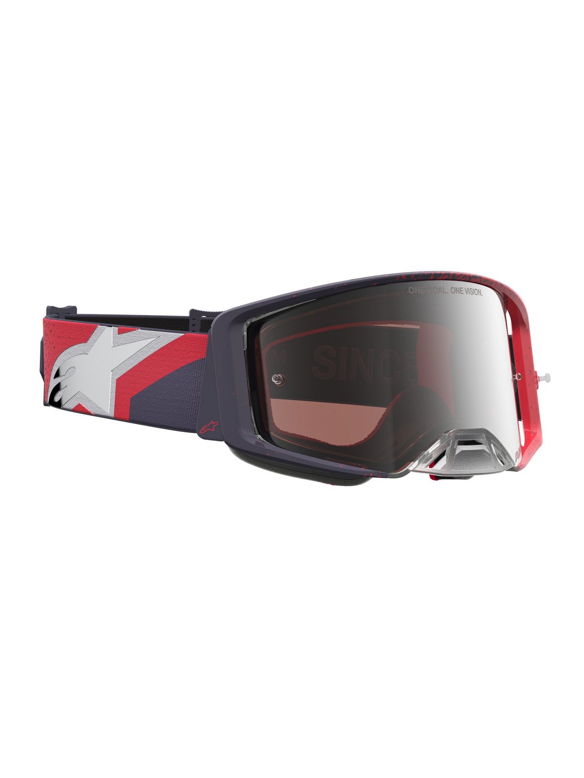 Alpinestars Supertech Hiten goggles, herre-motocrossgoggles, sort og rød ramme med sølv spejllinse og justerbar grafisk rem