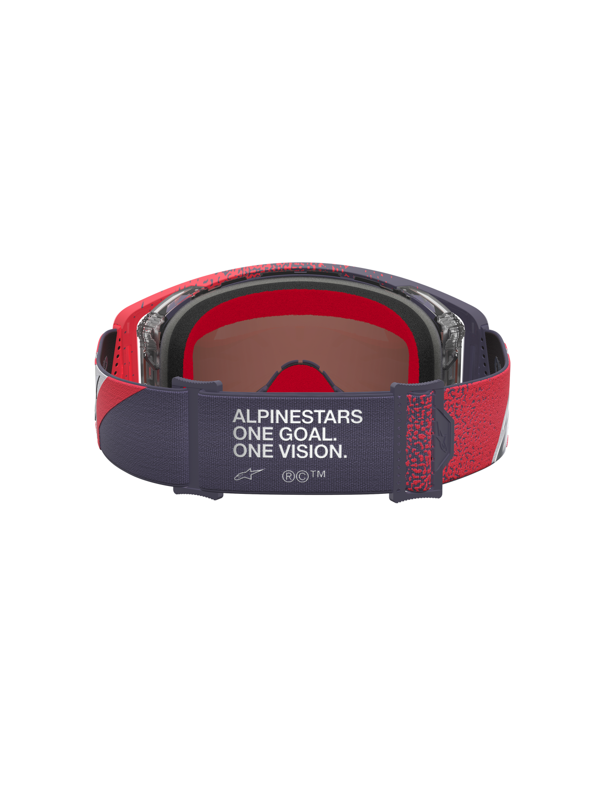 Alpinestars Supertech Hiten motocrossgoggles i sort og rød, set bagfra med One Goal One Vision-rem.