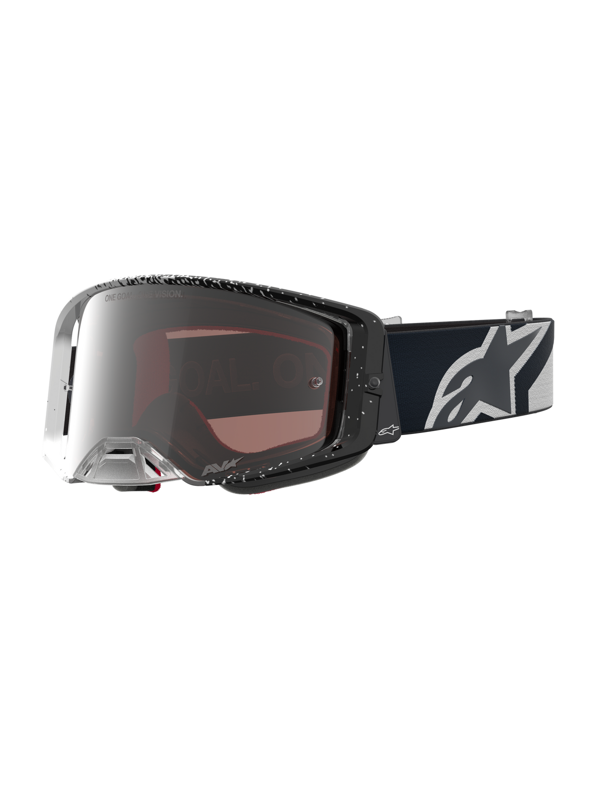 Alpinestars Supertech Hiten Goggles, motocrossgoggles, sort og hvid, sølvfarvet mirror-linse, bredt perifert synsfelt, professionel racingydeevne
