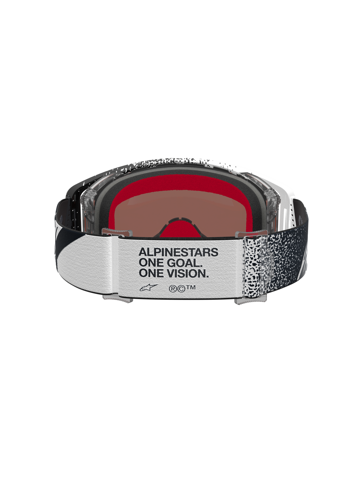 Alpinestars Supertech Hiten Goggles, hvid og sort motocrossbriller set bagfra med polstret skum og rem med branding.