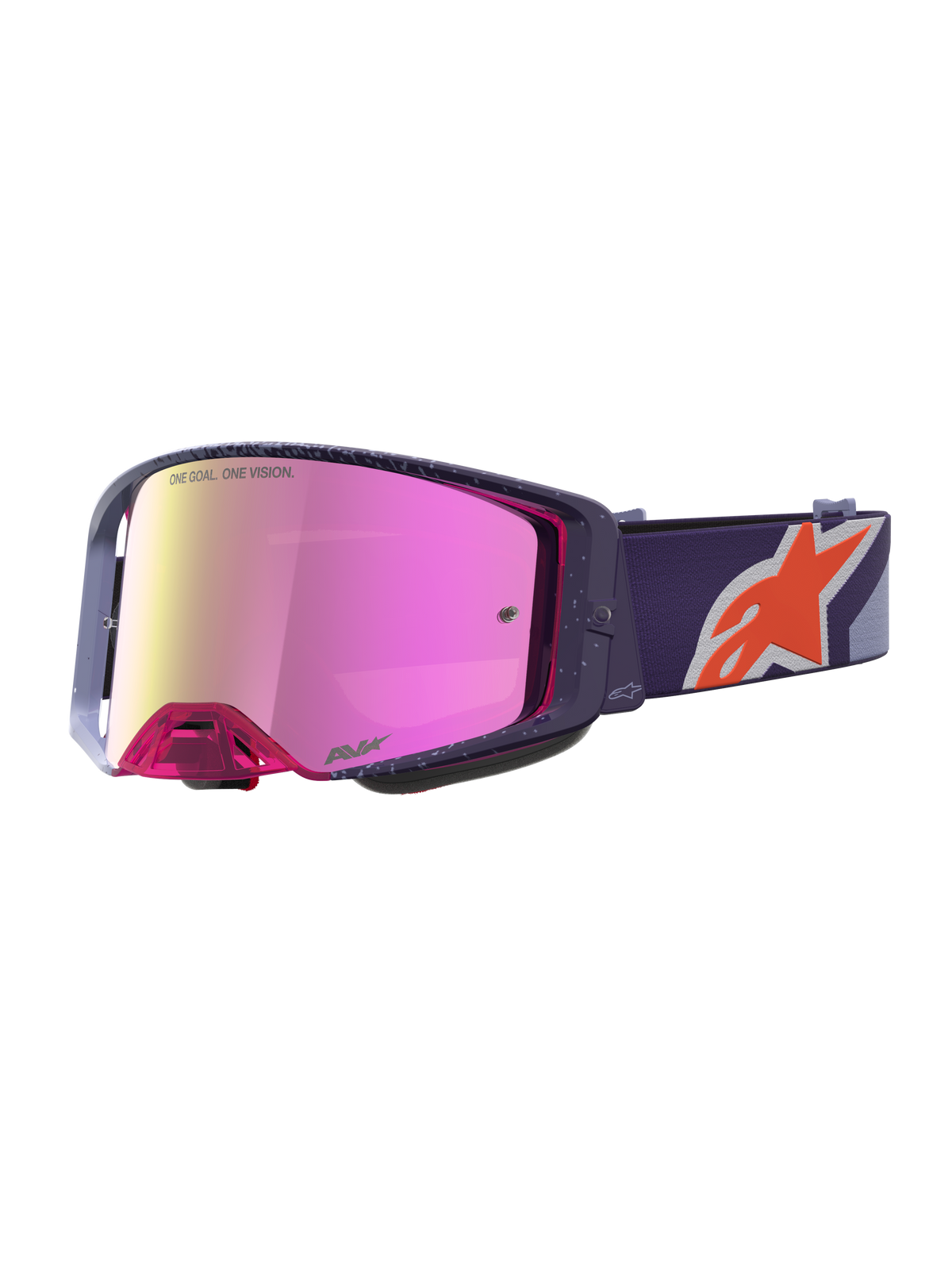 Alpinestars Supertech Hiten Motocross Goggles, Purple frame and strap with Red Mirror Pink lens for off-road racing.