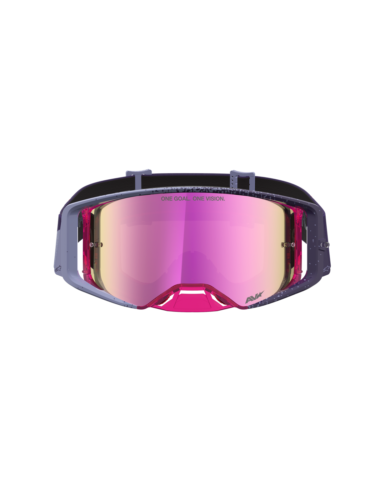 Alpinestars Supertech Hiten Motocross Goggles in purple and pink with a reflective mirror lens for professional racing.