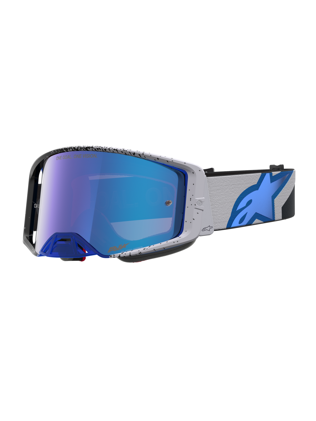 Alpinestars Supertech Hiten Goggles, professionelle off-road motocross-goggles i lys grå og blå med blå spejllinse