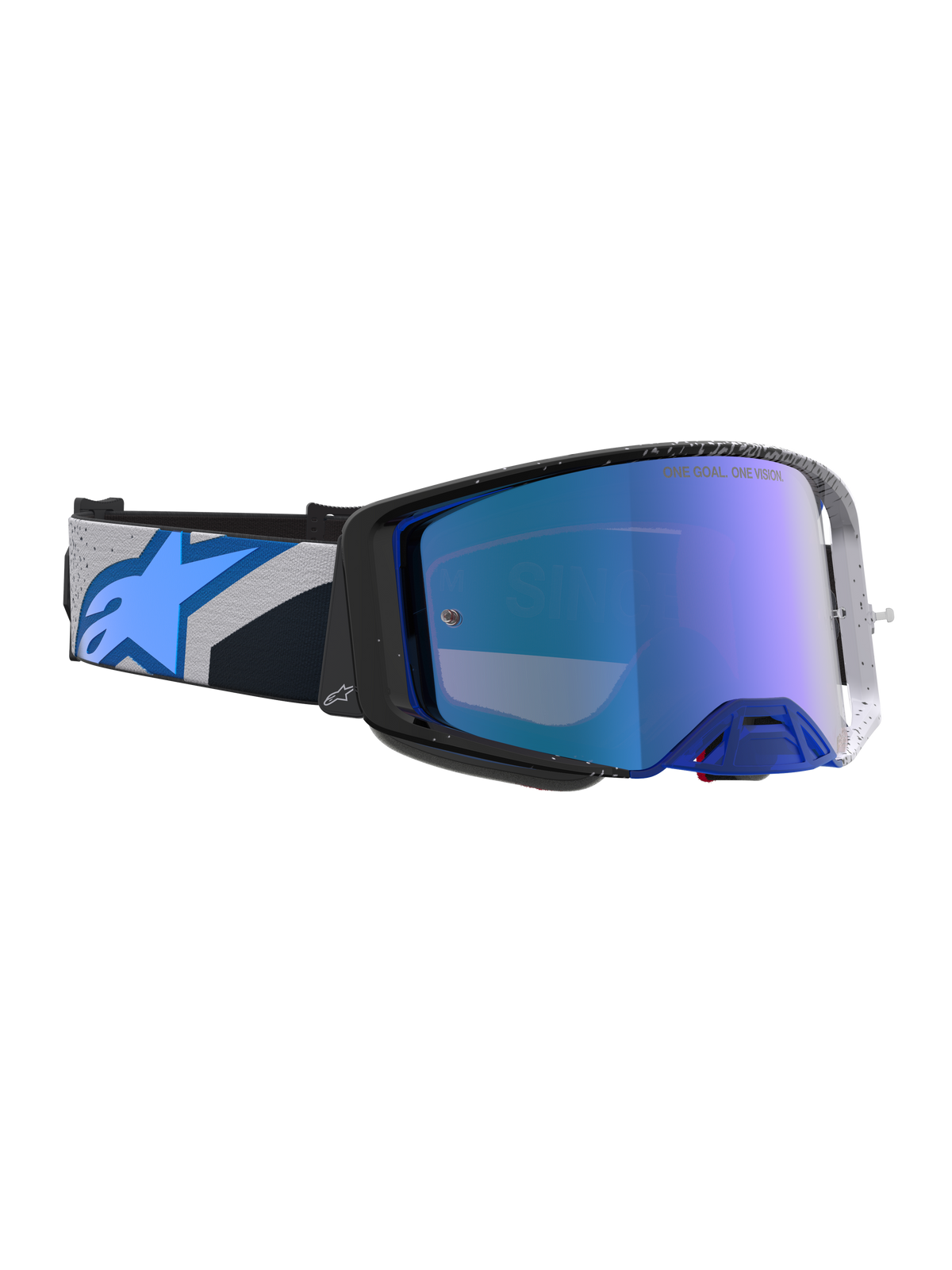 Alpinestars Supertech Hiten goggles, motocrossgoggles i sort og blå med spejlet blå linse og høj optisk klarhed.