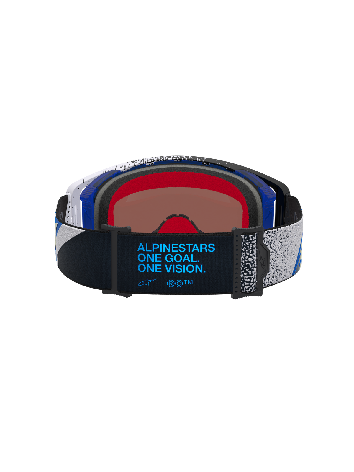 Alpinestars Supertech Hiten goggles, motocross, unisex, sort og blå, rem set bagfra med brandmottoet One Goal. One Vision.