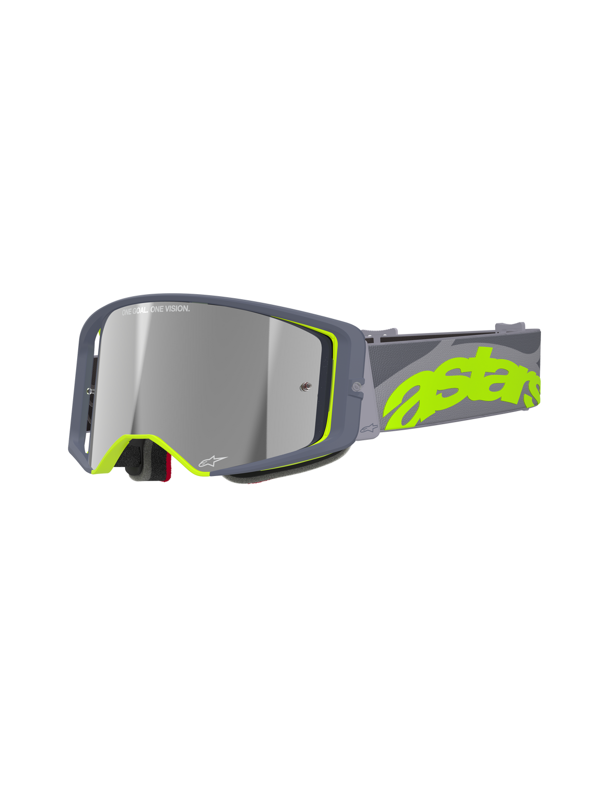 Alpinestars Supertech Stream Goggles, motocross MX-racingbriller, grå og neongul, med spejlreflekterende sølvlinse, bred vinklet ramme med skumpolstring og justerbar rem med markant neongul branding.