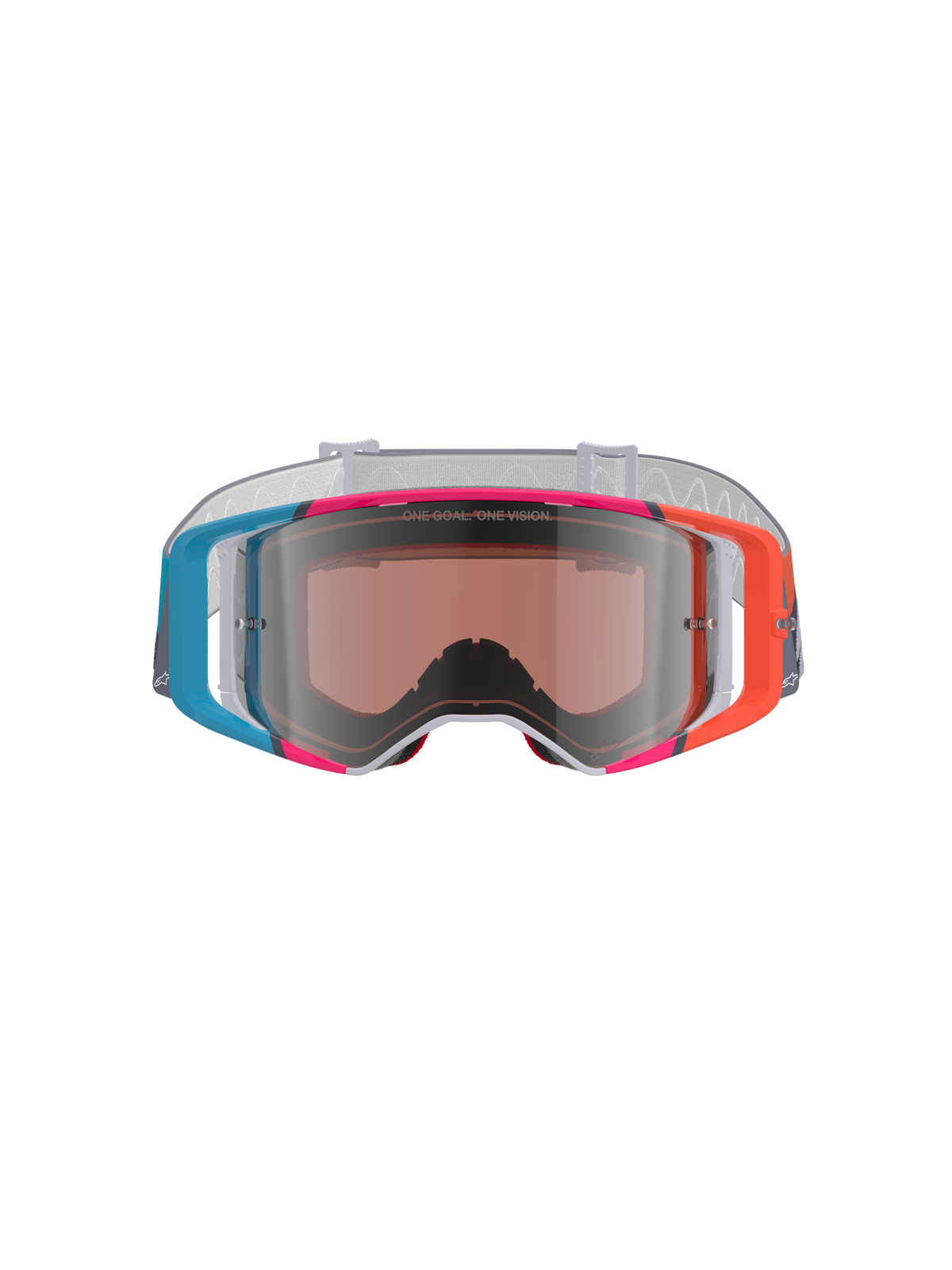 Alpinestars Supertech Stream Goggles, motocrossbriller, levende flerfarvet stel med blå, orange og lyserøde detaljer, Silver Mirror-linse med 'ONE GOAL. ONE VISION.'-tekst, hvid mønstret rem, højtydende øjenbeskyttelse til off-road racing
