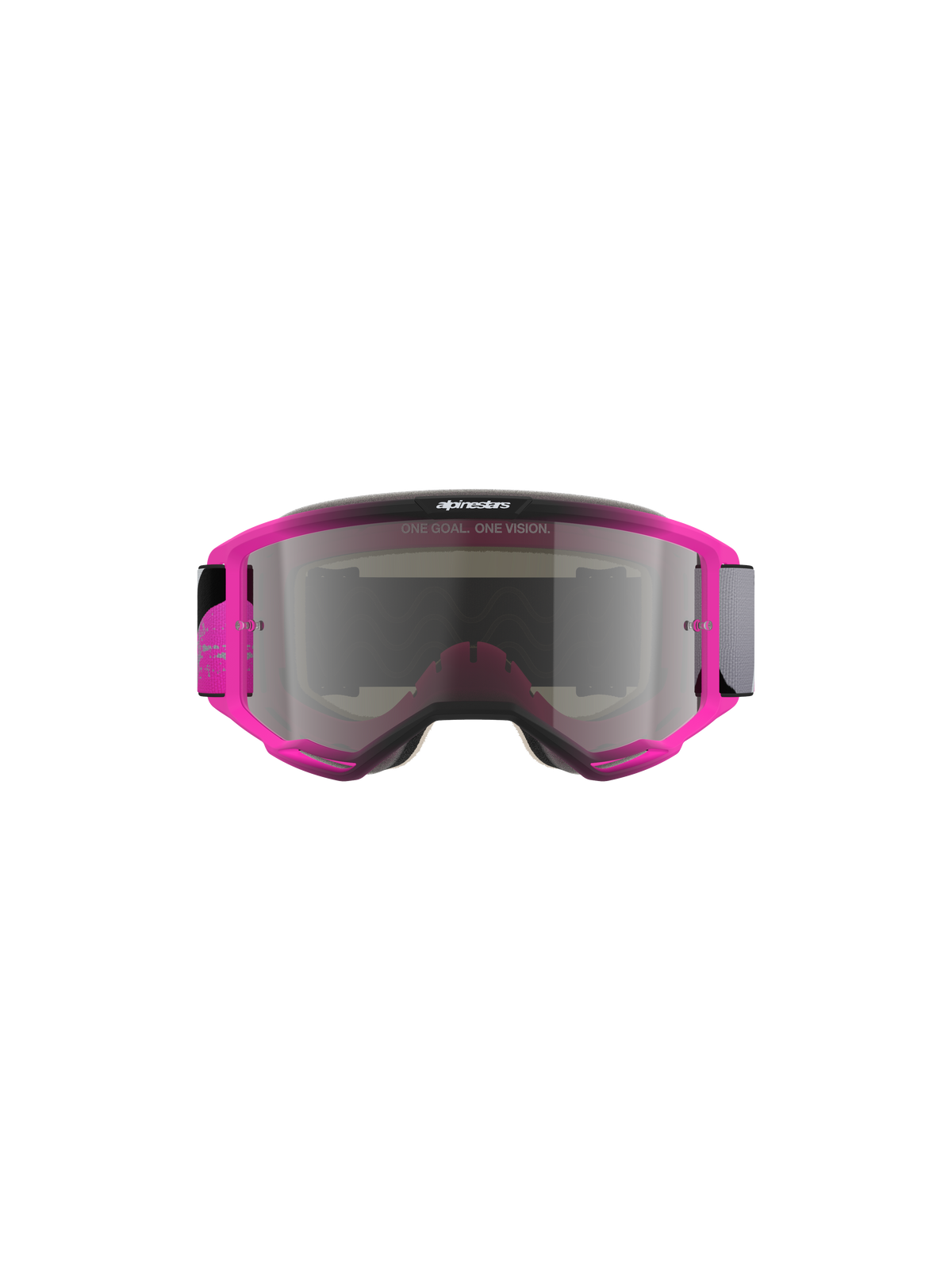 Alpinestars Vision 5 Lahnd Goggles, motocross-briller, Iron Pink Fluo med Mirror Silver-linse, klar lyserød ramme med sølvfarvet spejllinse, med teksten 'ONE GOAL. ONE VISION.', strømlinet aerodynamisk design til off-road-løb