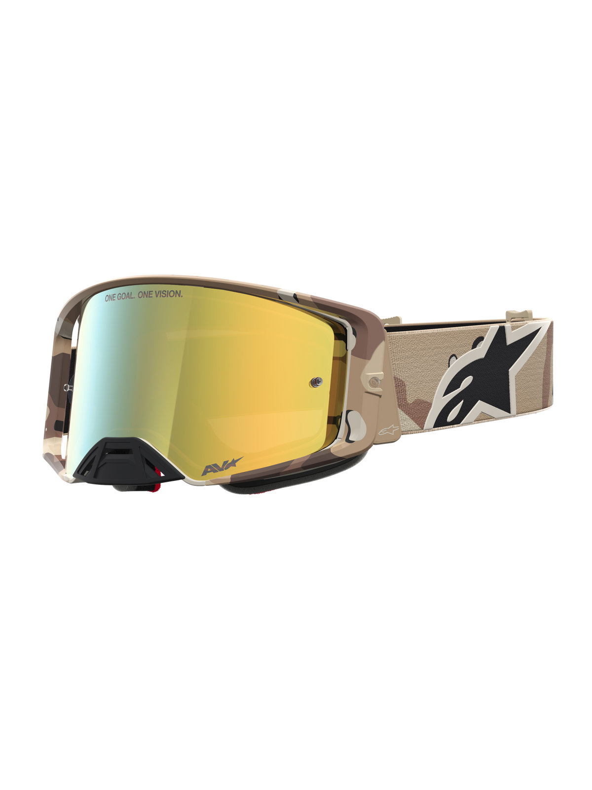 Alpinestars Supertech Lone goggles, motocross-goggles i desert camo og guld med guldspejllinse og rem med Astars-logo, off-road beskyttelsesudstyr