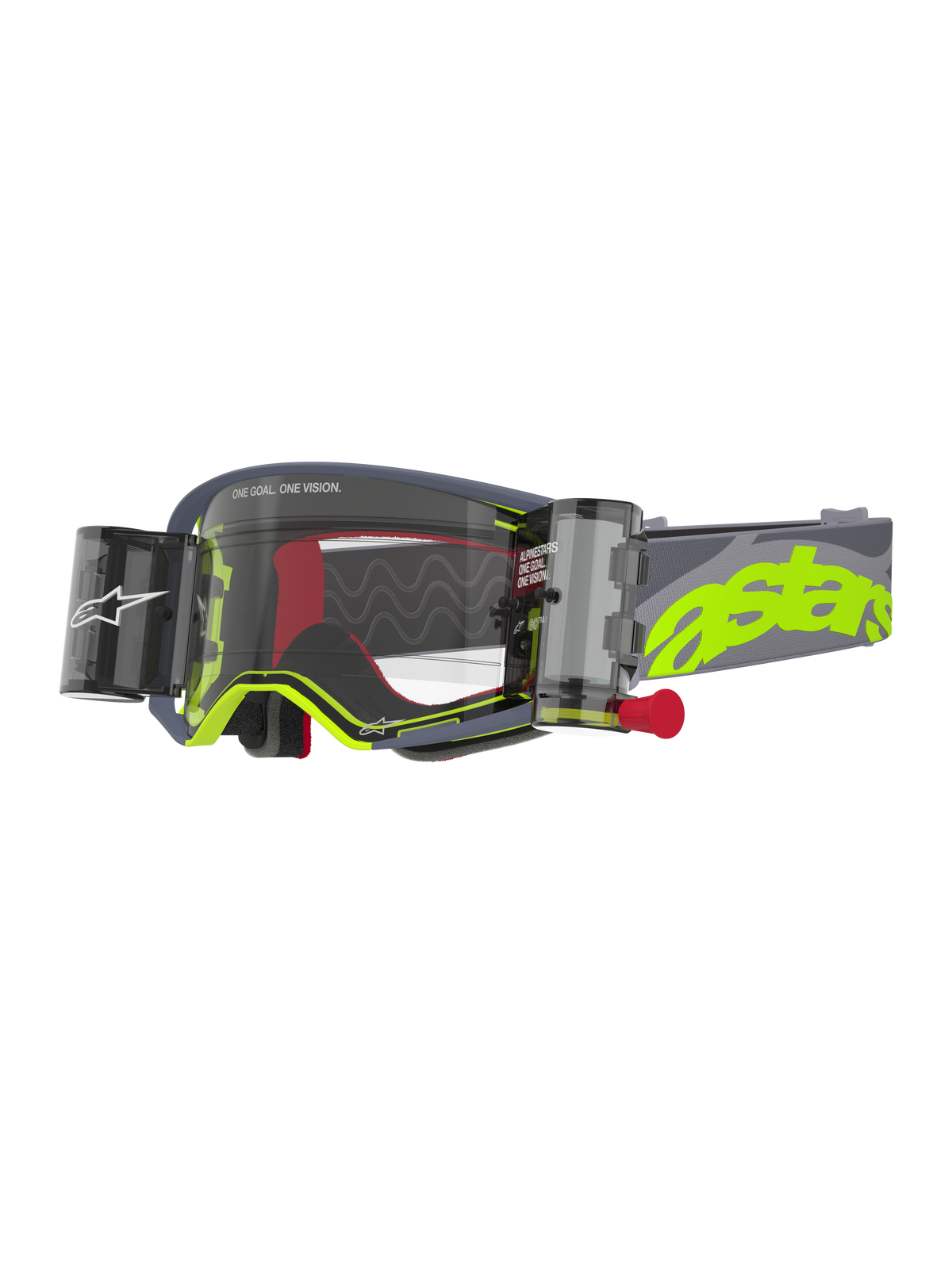 Alpinestars Supertech Stream Goggles, Motocross Goggles, Grey and Fluo Yellow, featuring a clear lens with an integrated Wide Vision Roll-Off system, canisters on either side with a red pull knob, wavy silicone glide lines, adjustable grey strap with large neon yellow astars logo, high-performance eye protection for off-road racing