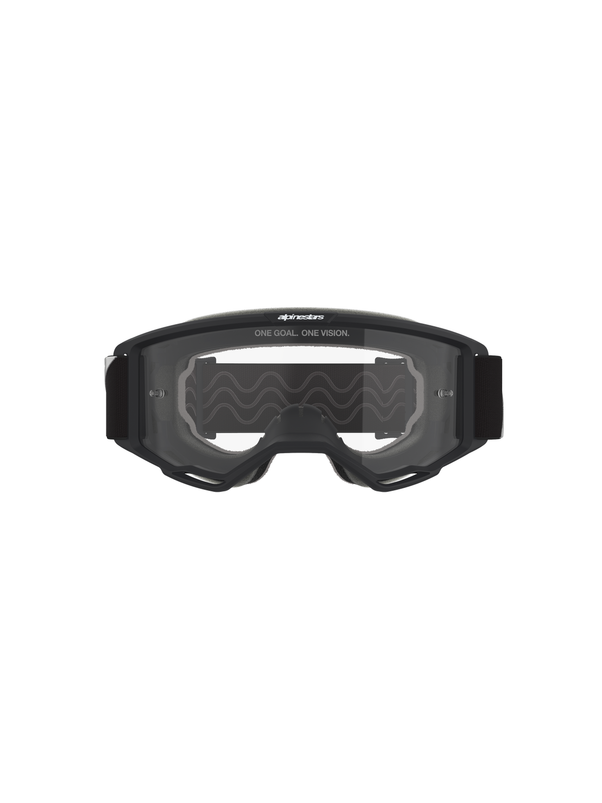 Alpinestars Vision Goggles OTG, motocross-briller, sort ramme med klar linse, set forfra med 'ONE GOAL. ONE VISION.' tekst og brandlogo, dyb volumen-struktur kompatibel med briller