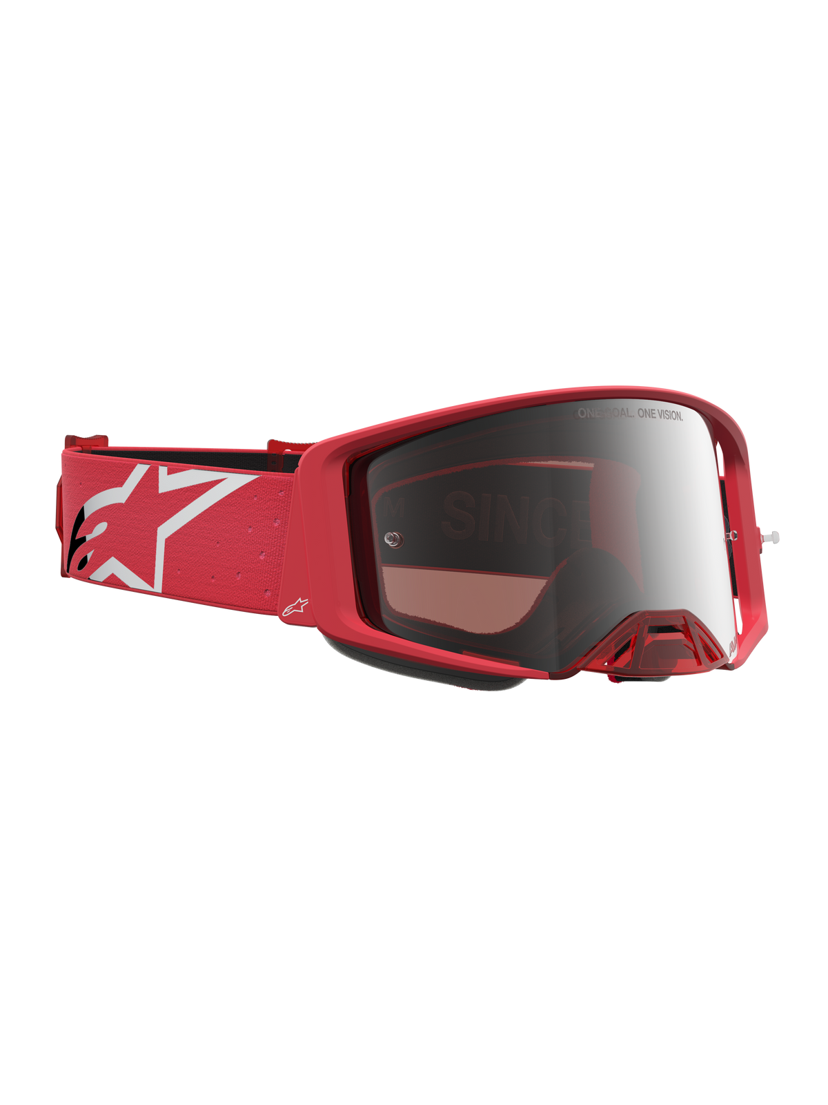 Alpinestars Supertech Vesta goggles, motocrossbriller til off-road racing, fluorød og sølv, hvidt logo på remmen, krystalklar spejllinse