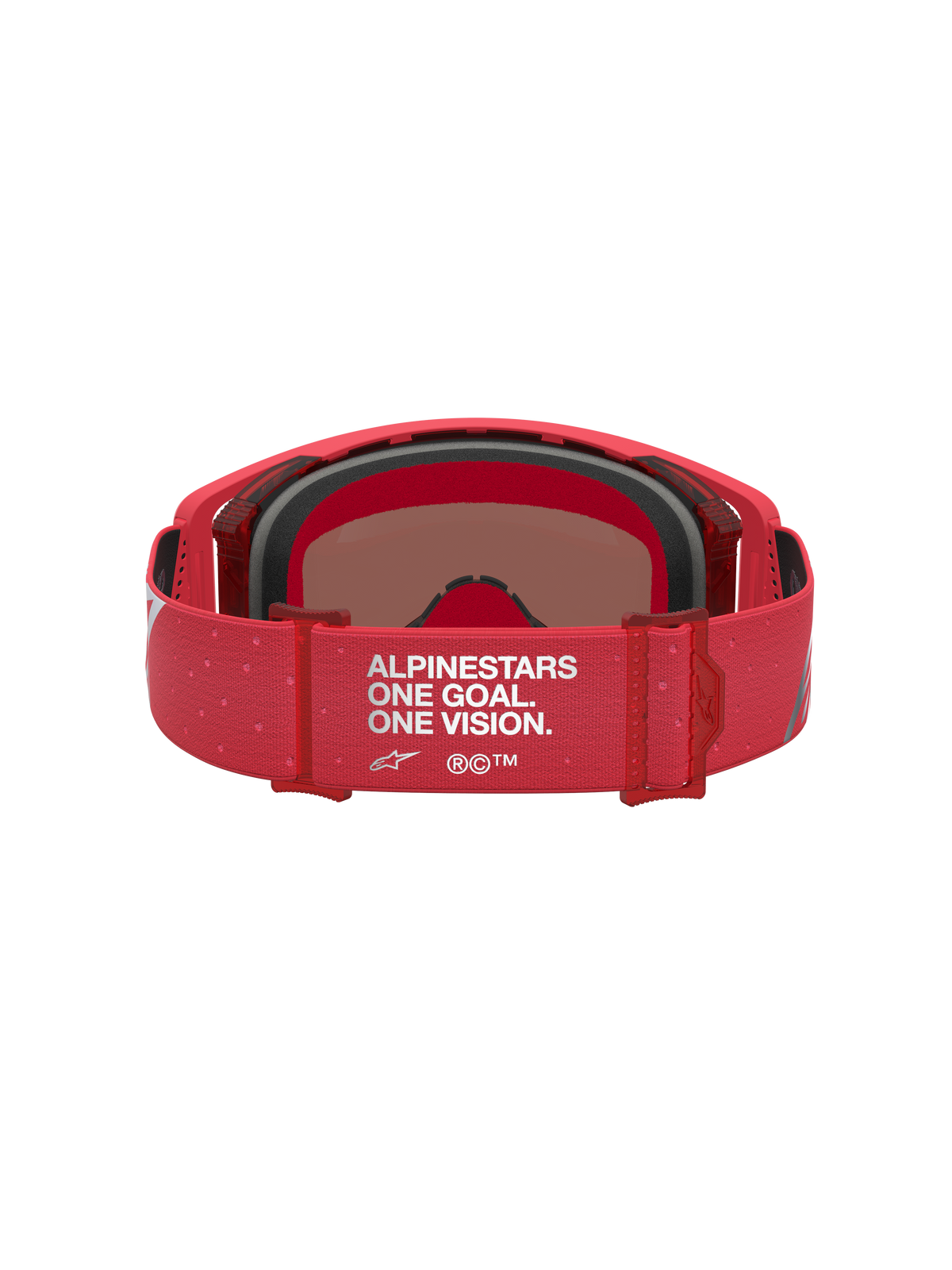 Alpinestars Supertech Vesta goggles, rød fluo og sølv motocrossgoggles, set bagfra med justerbar One Goal One Vision-rem.