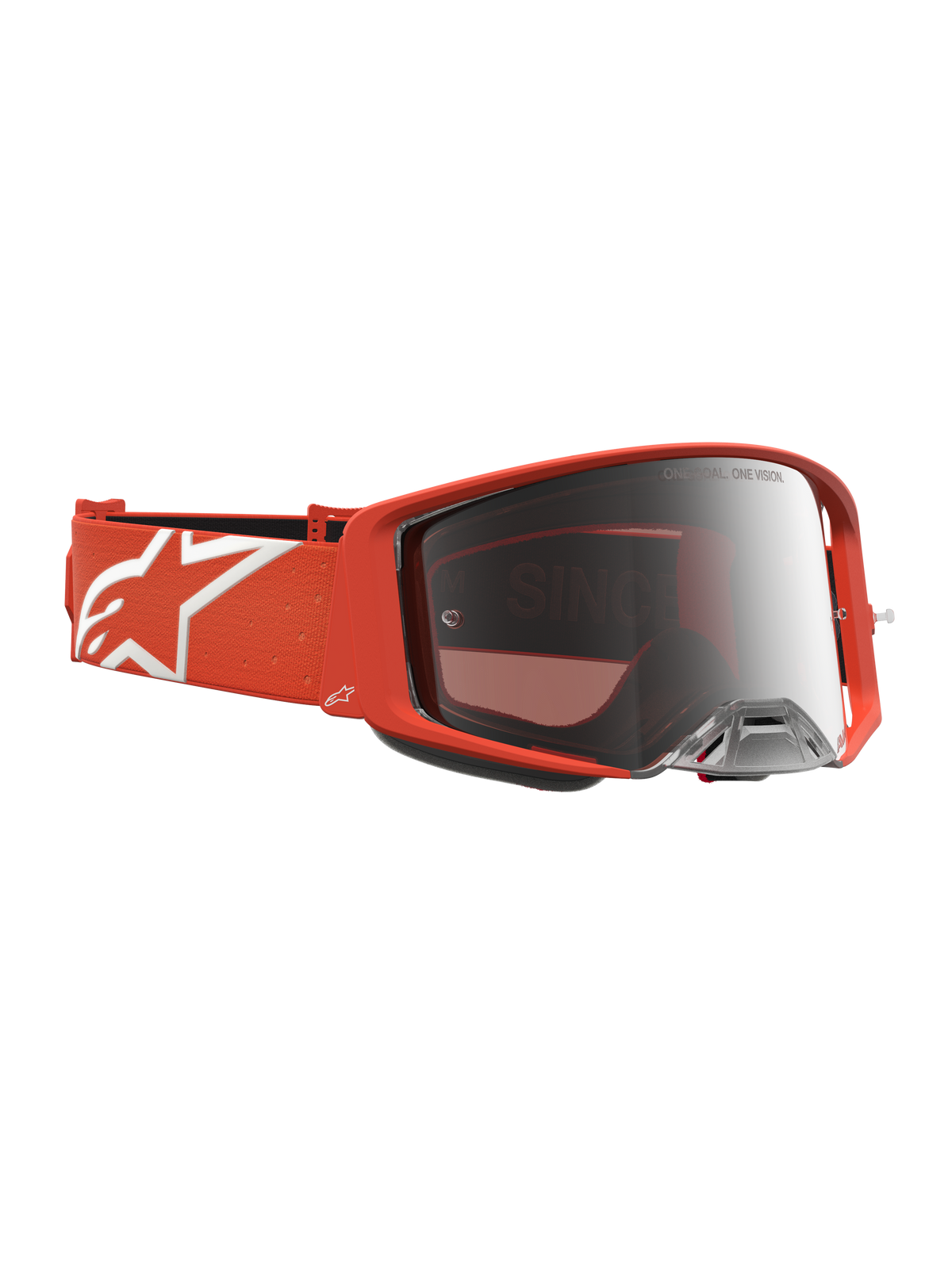 Alpinestars Supertech Vesta goggles, professionelle motocrossbriller med orange ramme, sølv spejlglas og hvidt stjernelogo på remmen.