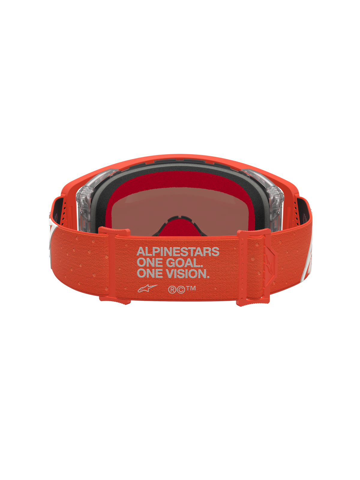 Alpinestars Supertech Vesta goggles, orange motocrossbriller til racing, bagside med remdetalje og indvendigt rammeskum