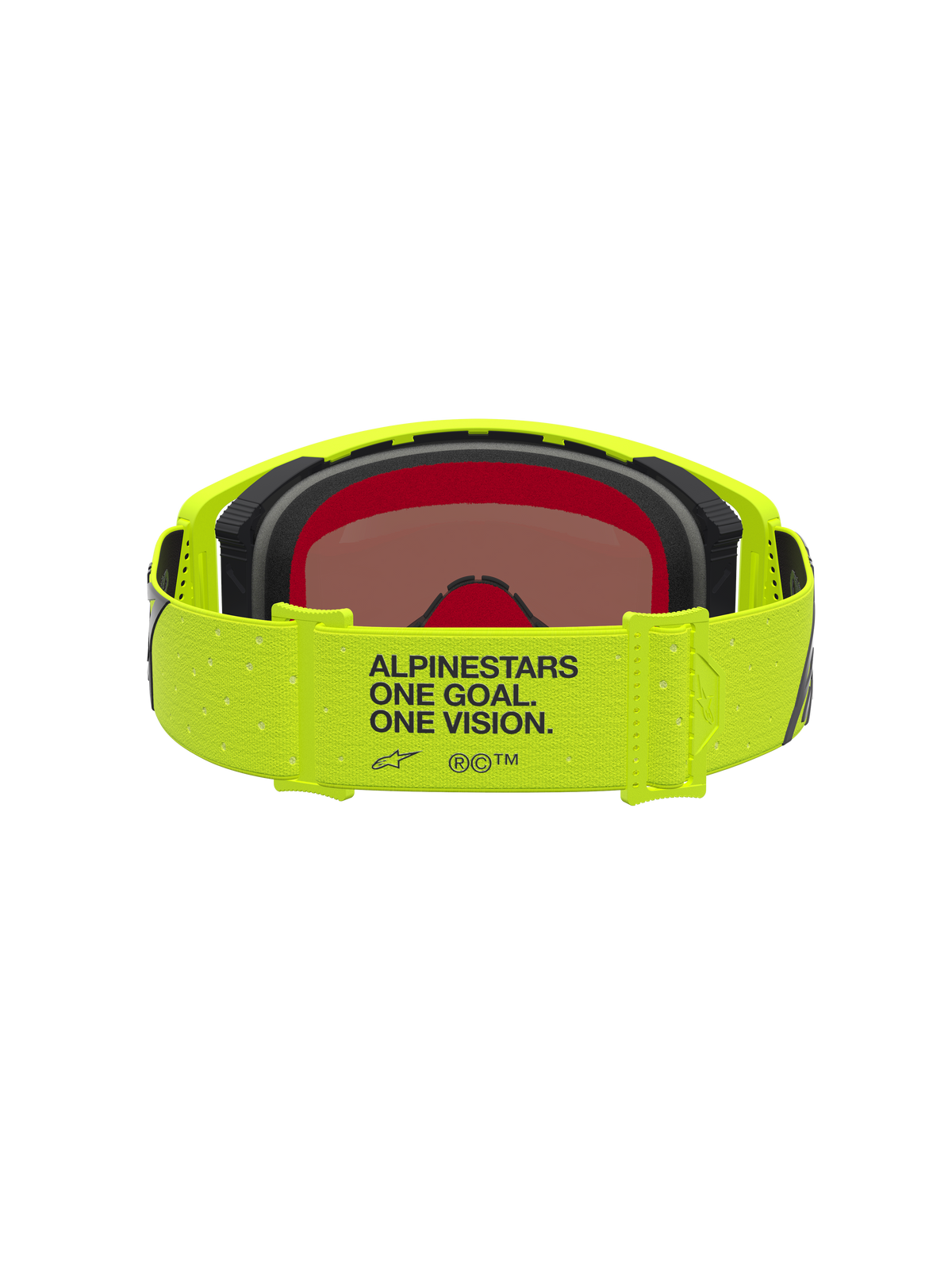 Alpinestars Supertech Vesta goggles, motocrossgoggles i gul fluo og sort, rem med One Goal One Vision slogan og spejllinse.