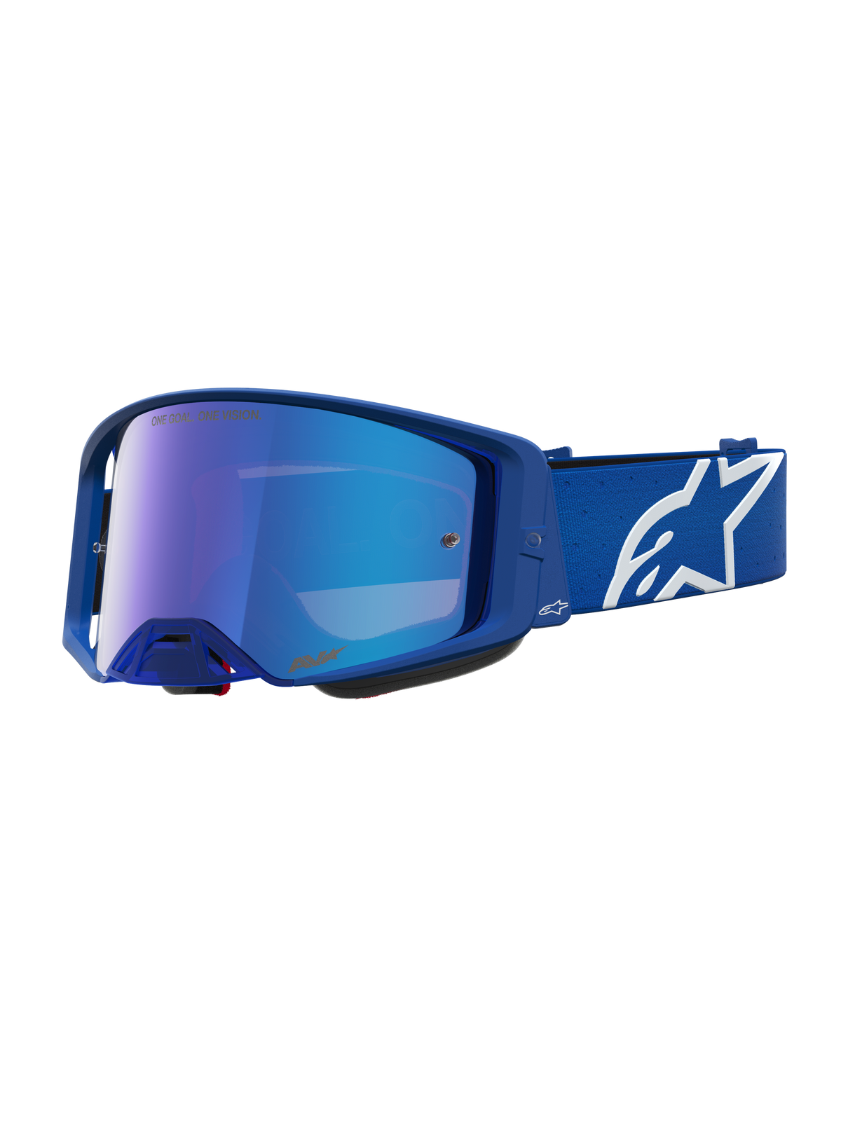 Alpinestars Supertech Vesta goggles, professionelle motocross-briller til off-road racing, blå og hvid med spejlblå linse og justerbar strop med hvidt stjernelogo.