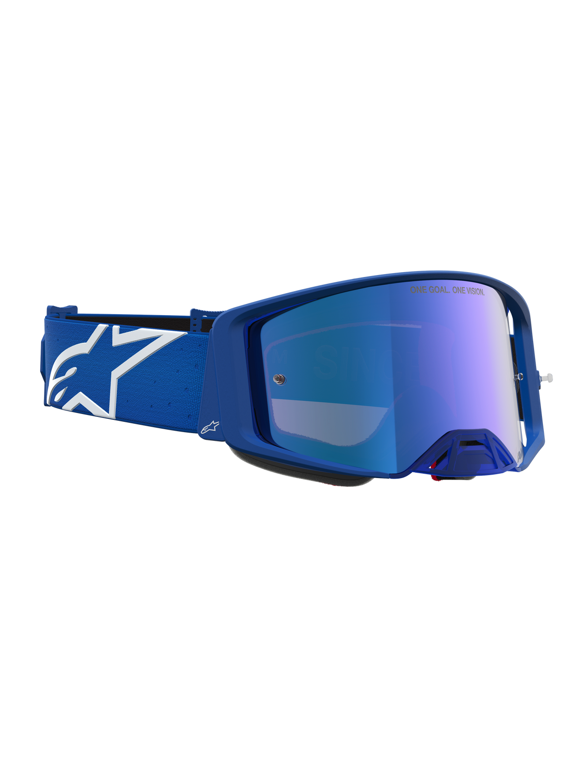 Alpinestars Supertech Vesta goggles, motocrossgoggles til racing, blå og hvid med spejlblå linse og optimeret luftstrøm