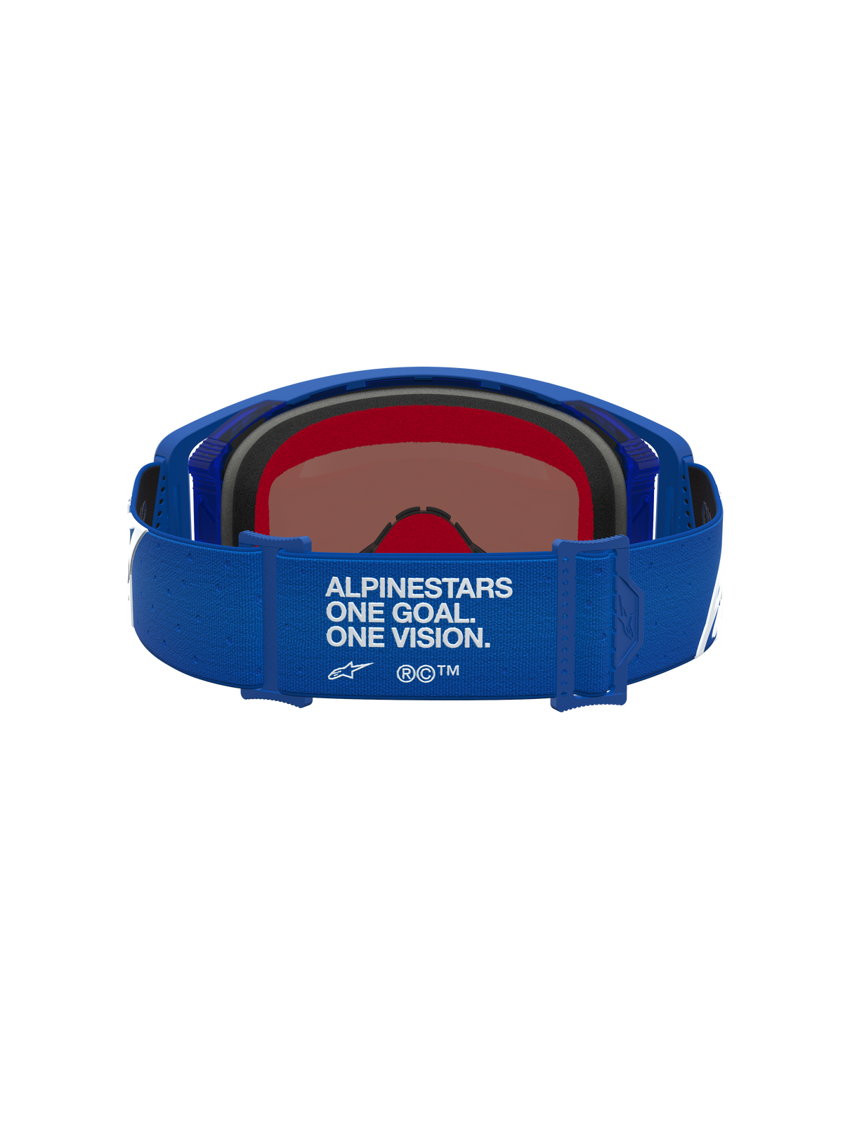 Alpinestars Supertech Vesta Goggles, motocrossgoggles, blå og hvid, rem med One Goal. One Vision. tekst, set bagfra