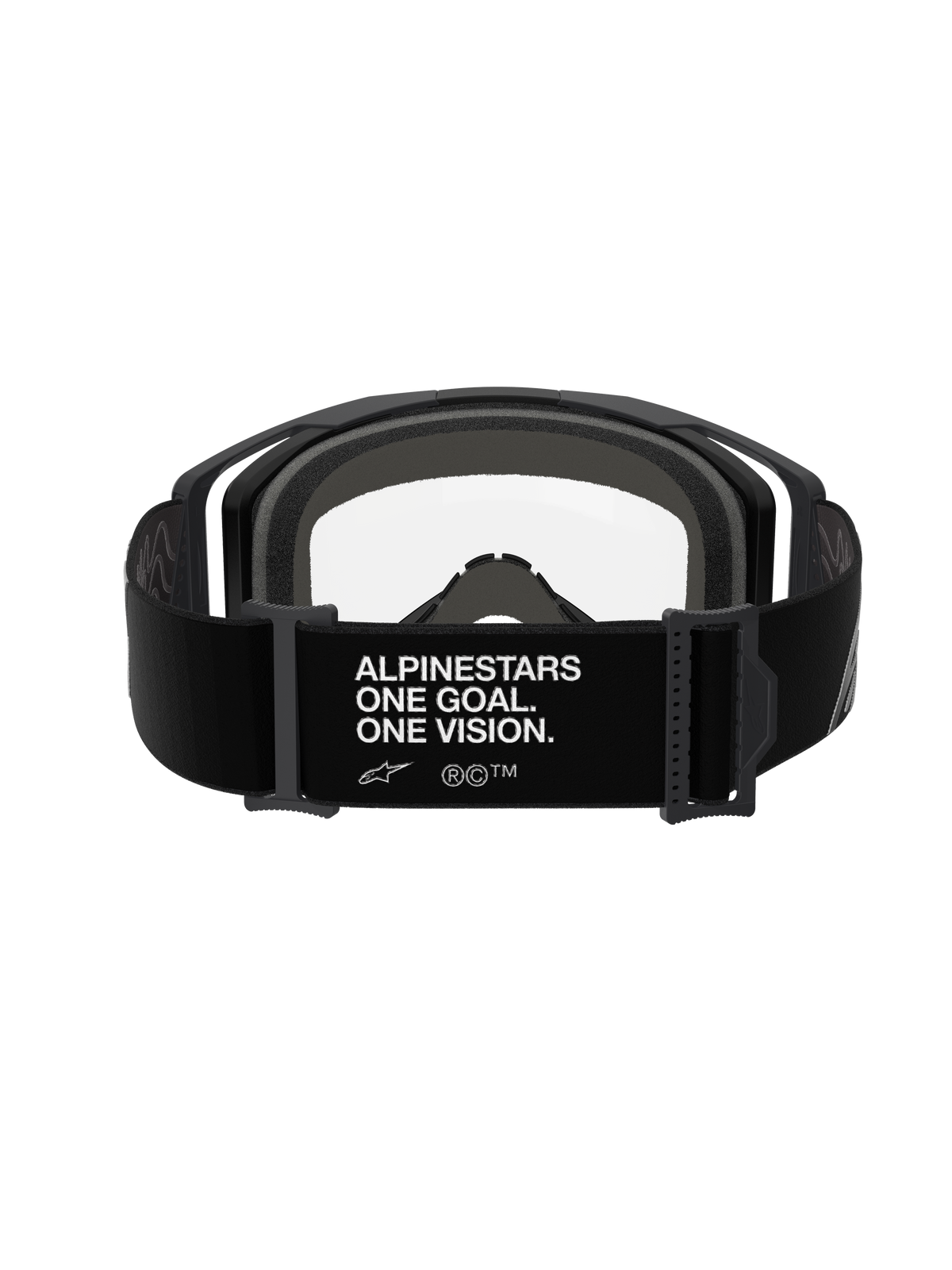 Alpinestars Vision 8 Corp Goggles, sort og klar, set bagfra med den sorte justerbare rem med hvid "ALPINESTARS ONE GOAL. ONE VISION."-tekst, gråt flerlags ansigtsskum og klar polycarbonat-linse, performance motocross-briller