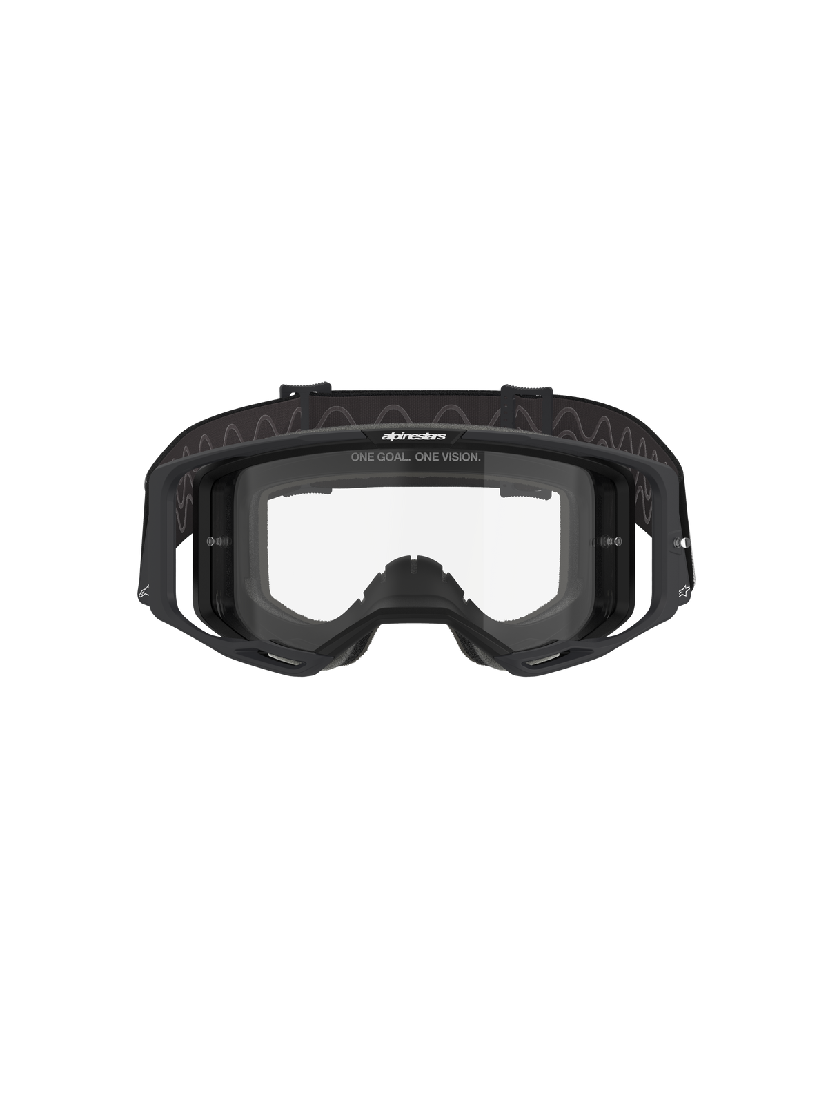 Alpinestars Vision 8 Corp Goggles, motocross-briller, sort ramme med klar linse, set forfra, der viser designet med bredt udsyn, integrerede sidestykker og vævet rem med Alpinestars-branding, professionel øjenbeskyttelse til terrænkørsel