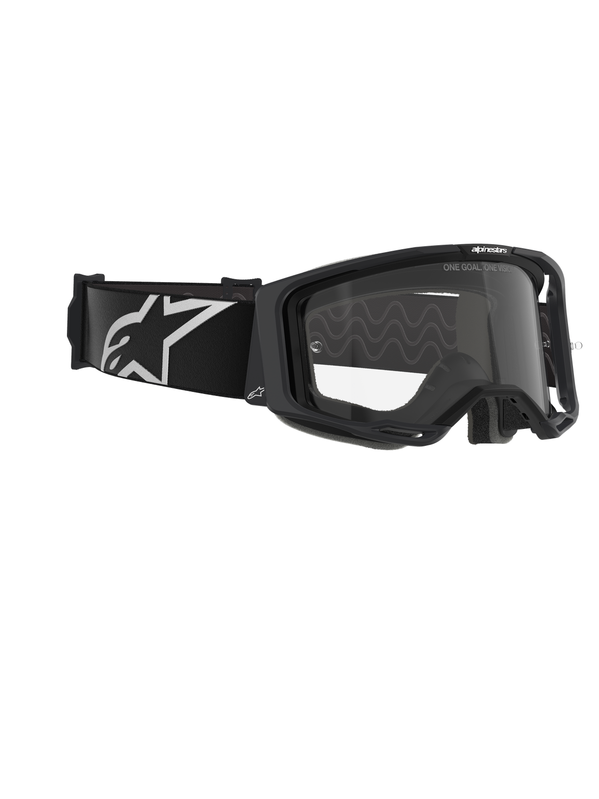 Alpinestars Vision 8 Corp-briller, motocross-briller, sort stel med klar linse, bred sort vævet rem med hvidt A-star-logo, klare beskyttelsesbriller med 'ONE GOAL. ONE VISION.'-tekst, professionelt racing-design til off-road-performance