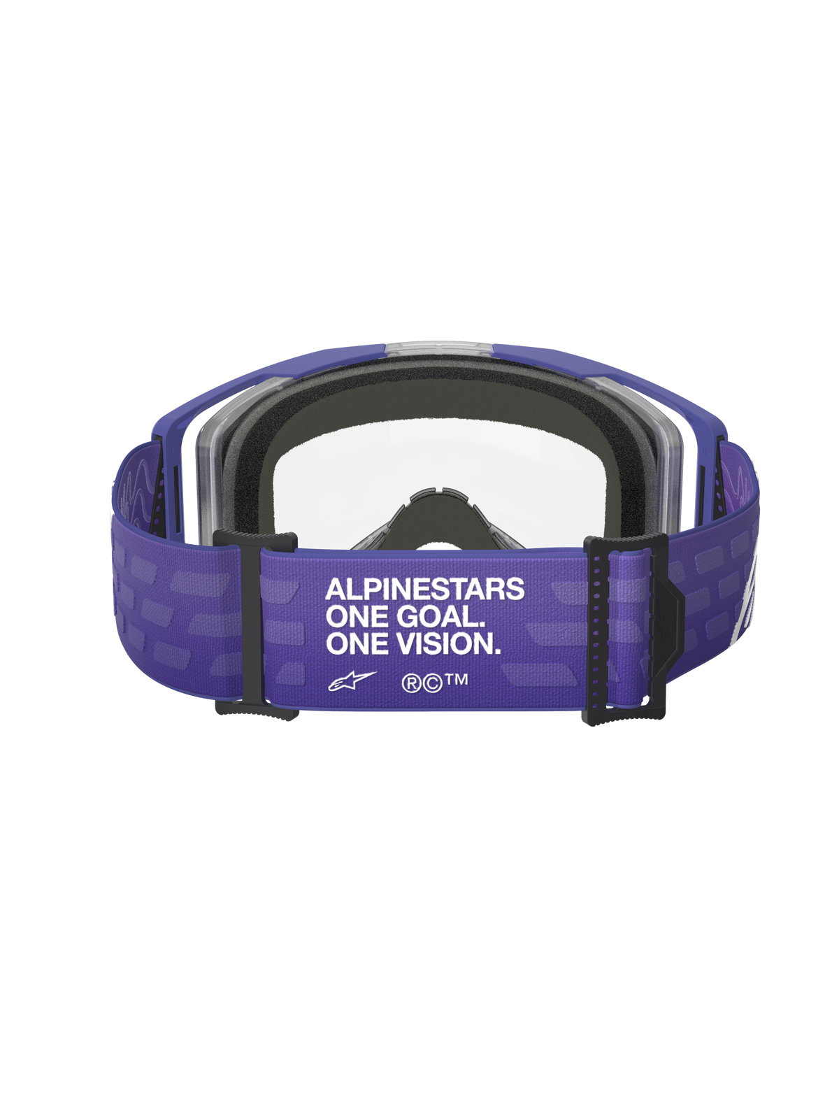 Alpinestars Vision 8 Corp Goggles, motocross-briller, lilla og klar, set bagfra med lilla rem og 'ALPINESTARS ONE GOAL. ONE VISION.' branding, klar linse og sort skumpolstring, off-road racingudstyr