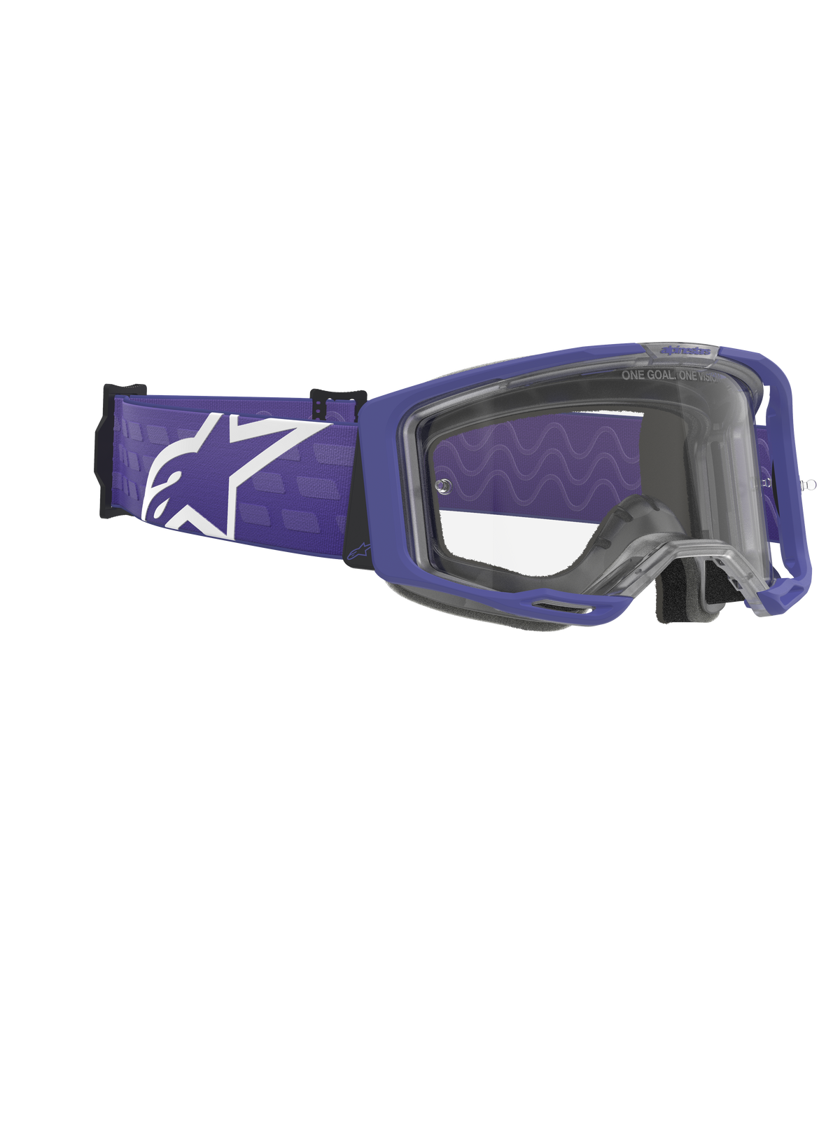 Alpinestars Vision 8 Corp Goggles, motocross-briller, lilla og klar, mat lilla ramme med en klar linse, bred lilla vævet strop med et stort hvidt Alpinestars-logo, højtydende off-road briller