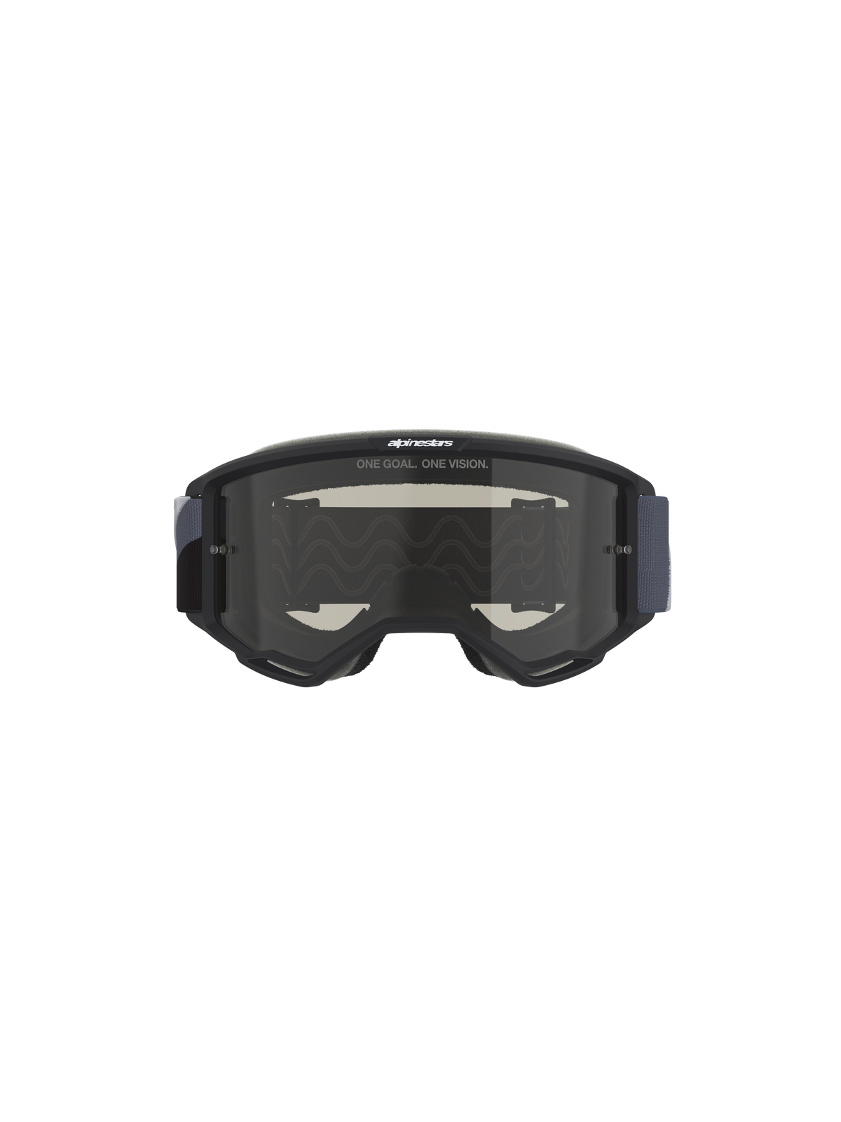 Alpinestars Vision Sand Goggles, Motocross Goggles, Black and Gray with Dark Smoke lens, featuring 'ONE GOAL. ONE VISION.' slogan on the lens, wide woven strap, designed for dust and sand protection in off-road conditions.