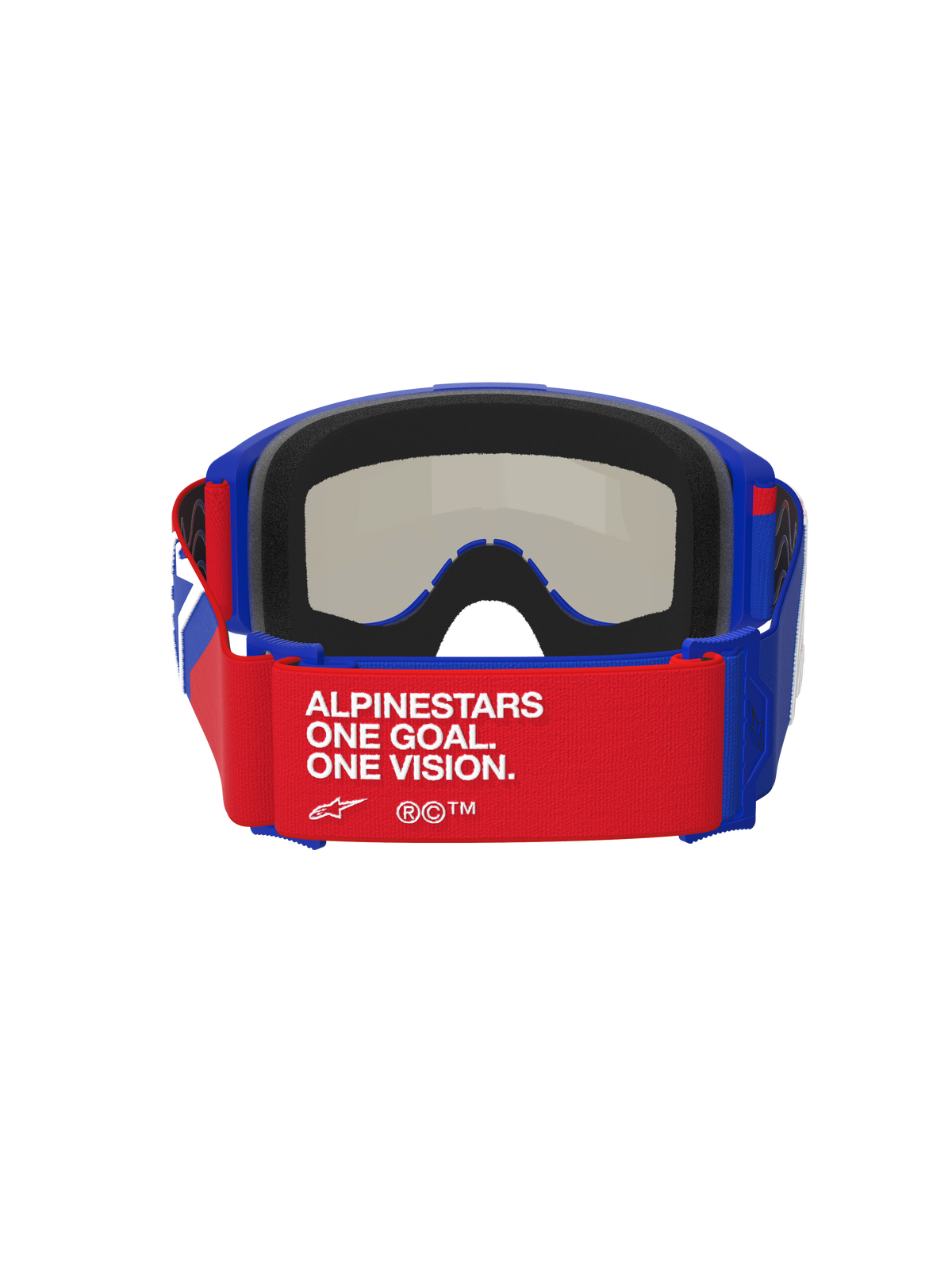 Alpinestars Vision Sand Goggles, blå, rød og hvid, set bagfra med en rød rem med hvid 'ALPINESTARS ONE GOAL. ONE VISION.' tekst, blå ramme med tyk sort skumpolstring, mørk røgfarvet linse synlig indefra, højtydende motocross-briller