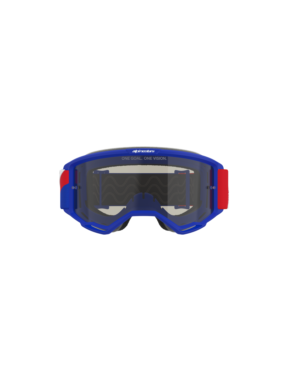Alpinestars Vision Sand Goggles, blå ramme med røde og hvide detaljer på remmen, mørk røgfarvet linse, med 'ONE GOAL. ONE VISION.' slogan øverst, højtydende motocross-briller designet til ørken- og off-road-beskyttelse
