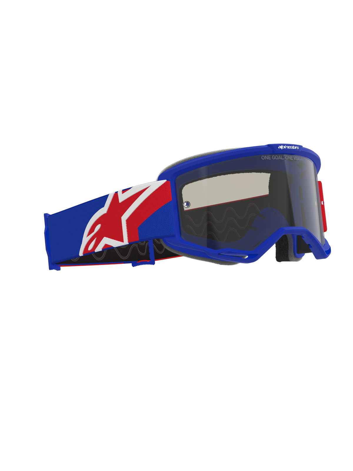 Alpinestars Vision Sand Goggles, off-road motocross-briller, blå, rød og hvid ramme og rem, mørk røgfarvet linse, med en bred silikonebelagt rem og ergonomisk ansigtsskum