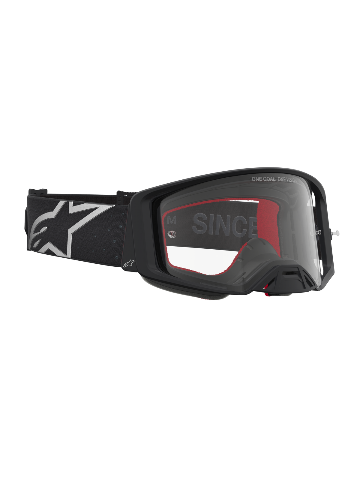 Alpinestars Supertech Vesta Goggles, matsorte og sølv motocross-goggles med bred klar linse og letvægtsramme.