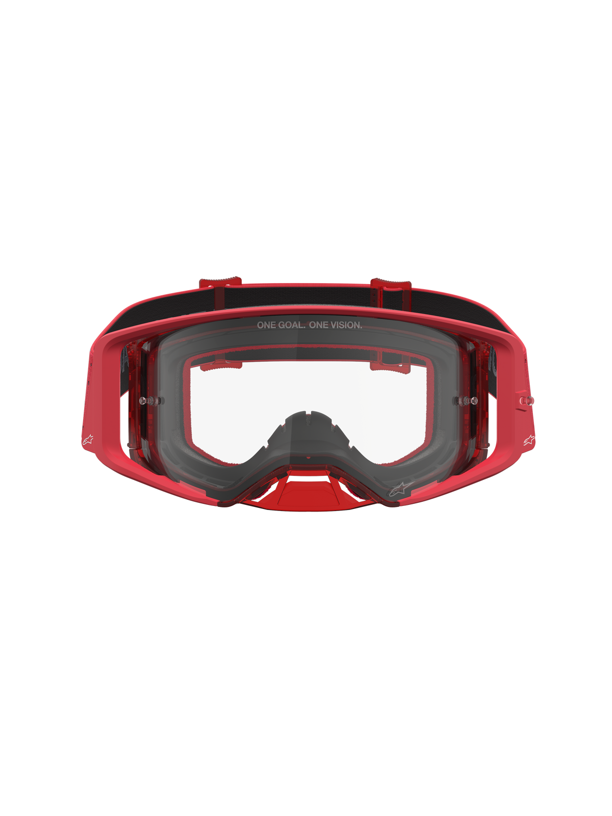 Alpinestars Supertech Vesta Goggles, Red motocross eyewear with a clear lens, injection-molded frame, and wide peripheral vision.