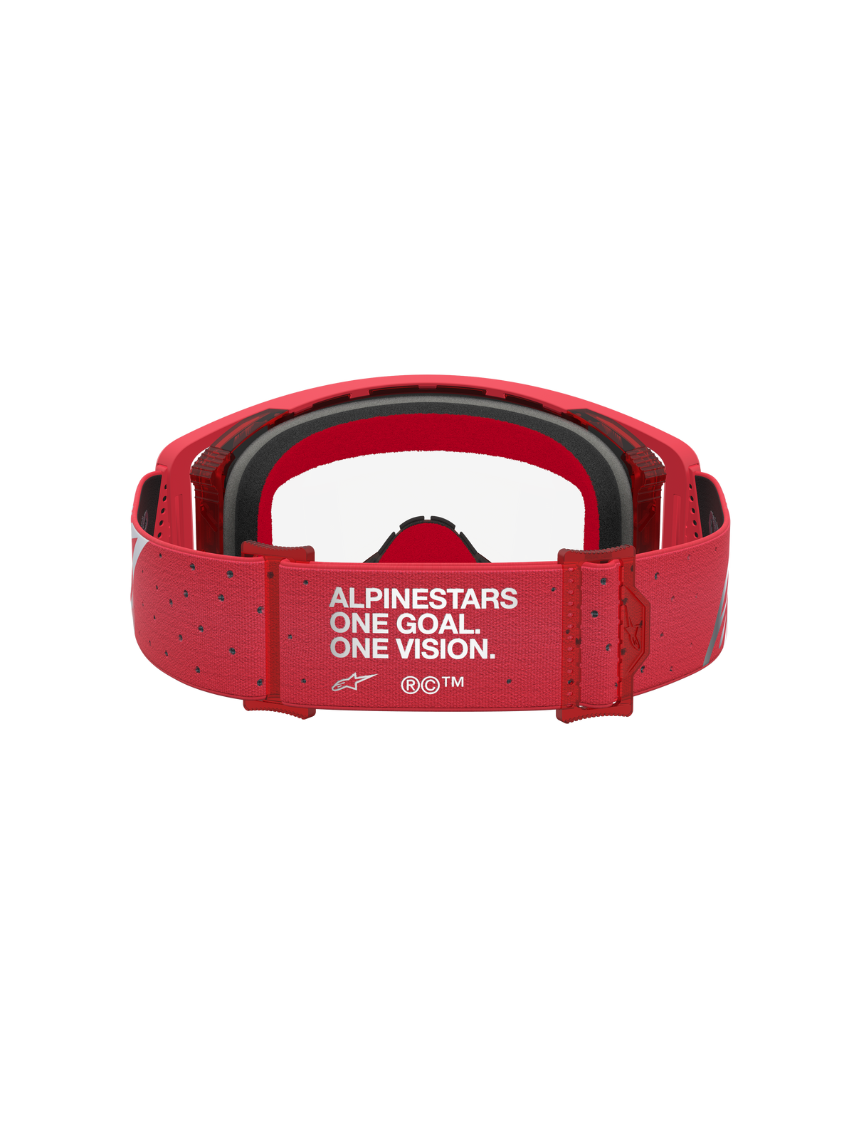 Alpinestars Supertech Vesta Goggles, Red Motocross Goggles, Rear View with One Goal One Vision Branded Strap.