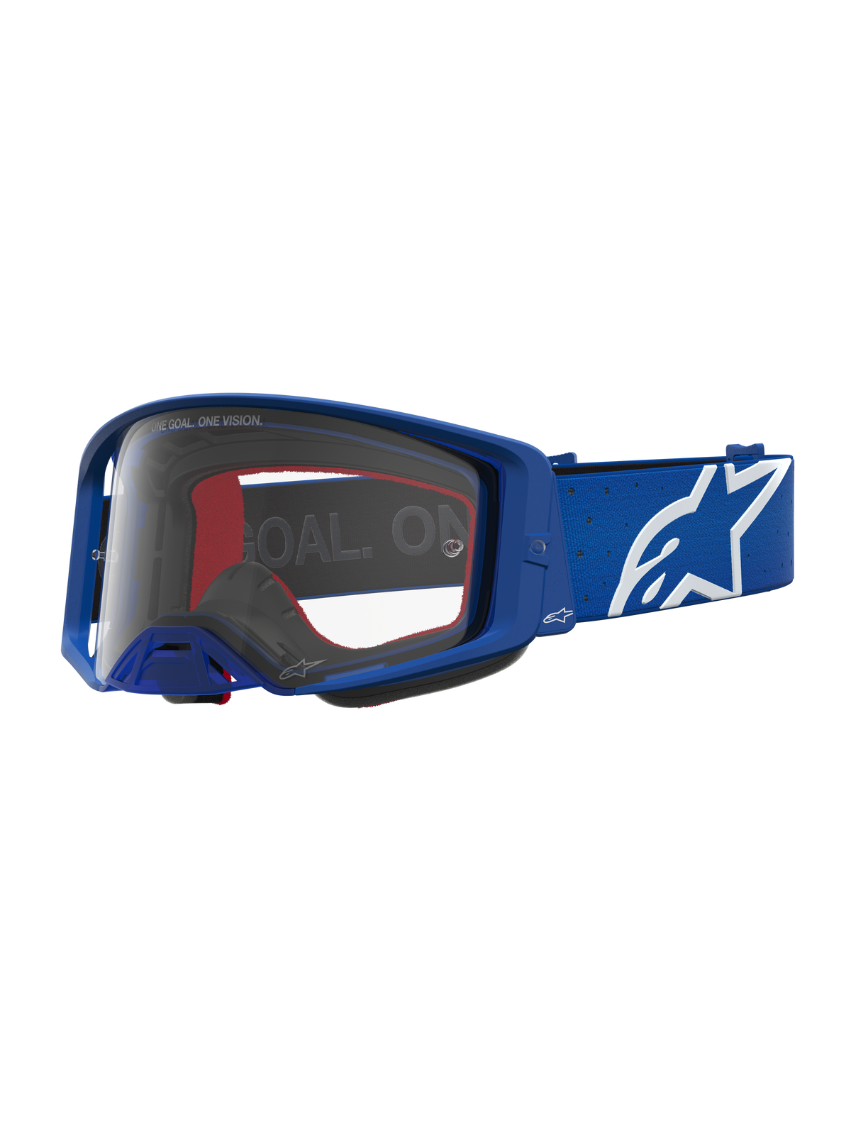 Alpinestars Supertech Vesta Goggles, blå og hvide motocross-goggles til off-road racing med klar polycarbonatlinse.