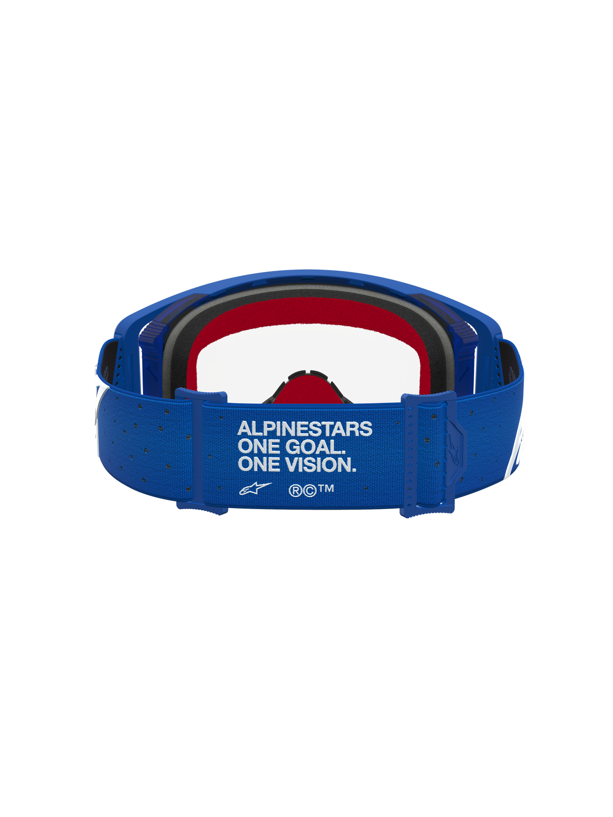 Alpinestars Supertech Vesta goggles, motocrossgoggles til racing, blå og hvid med rød skum og mærket rem.