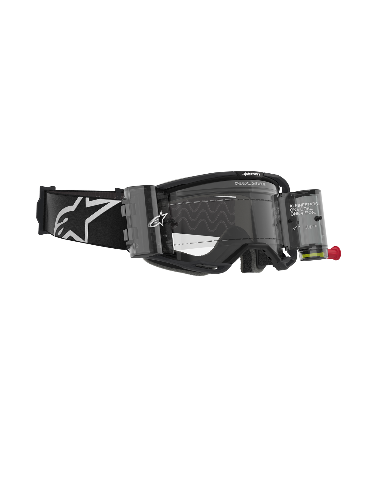 Alpinestars Vision 8 Corp Goggles, motocrossbriller med roll-off-system, sort og klar, med gennemsigtige filmbeholdere, klar linse og en bred sort rem med et stort hvidt Alpinestars-logo