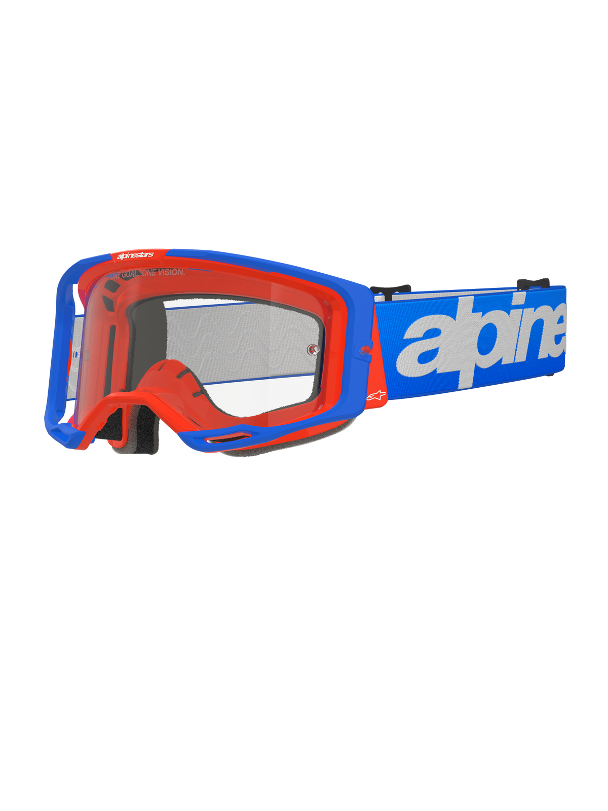 Alpinestars Vision 8 Wordmark Goggles, Motocross Goggles, Blue and Orange, Clear lens, wide blue strap with white Alpinestars wordmark, black foam padding, athletic design with visible ventilation ports for off-road performance