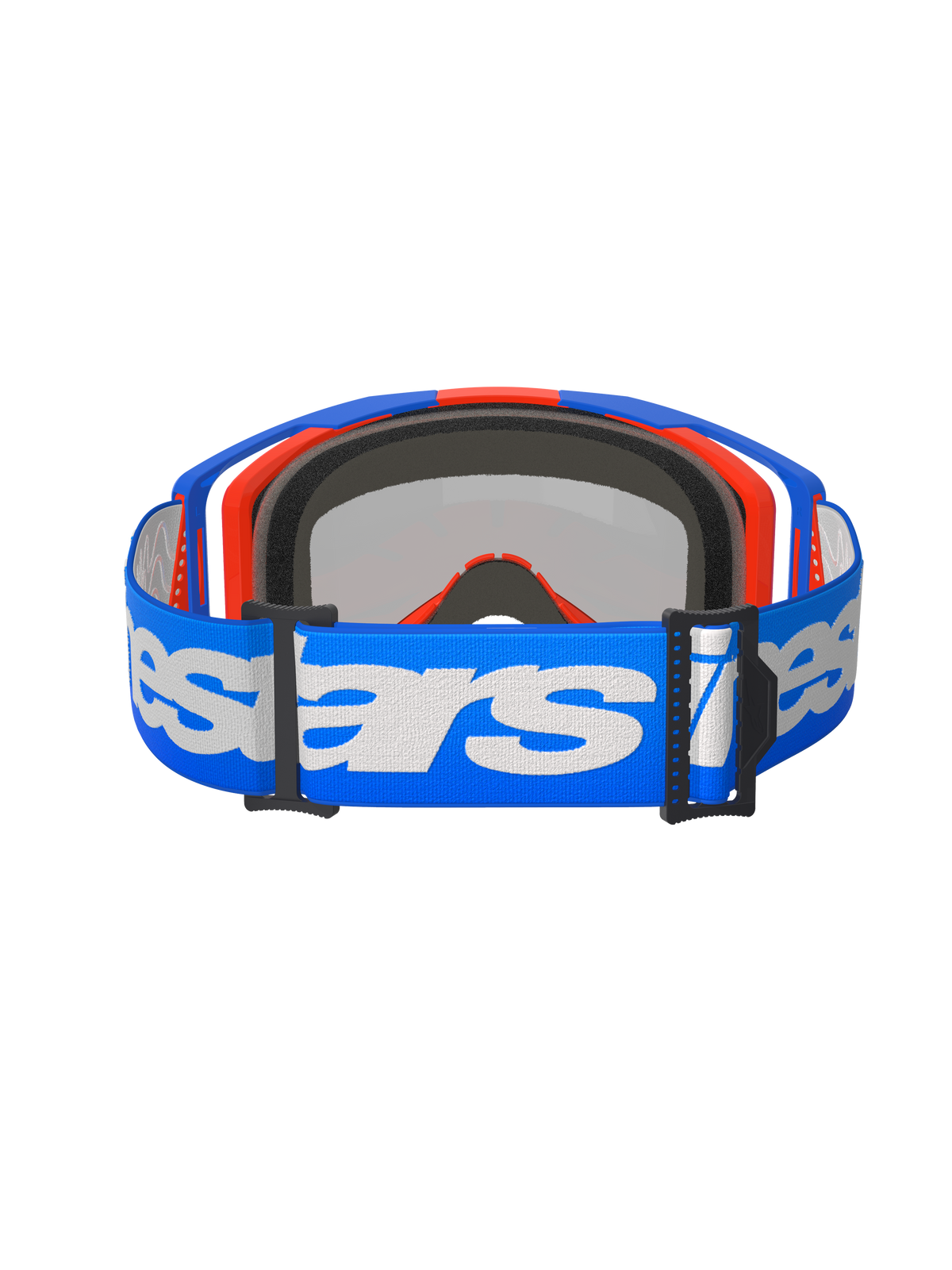 Alpinestars Vision 8 Wordmark goggles, motocross-briller, Blue Orange Mirror Red, set bagfra med en blå vævet strop med hvidt Alpinestars-logo, indvendigt 3D-formet ansigtsskum og sorte justeringsspænder