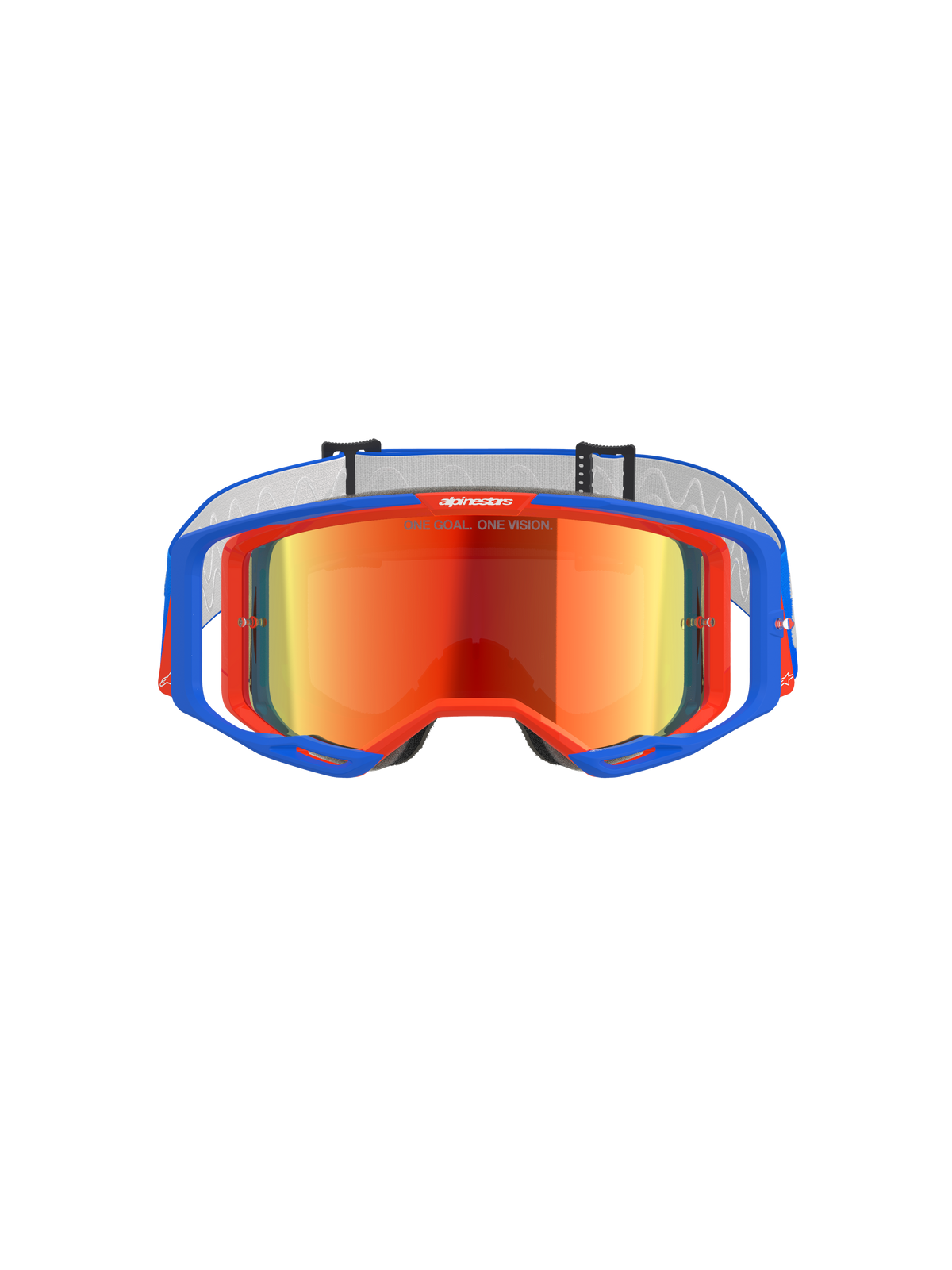Alpinestars Vision 8 Wordmark goggles, motocross-briller, blå og orange med rød spejllinse, med et bredt synsfelt og højtydende A-FLEX-ramme til terrænkørsel