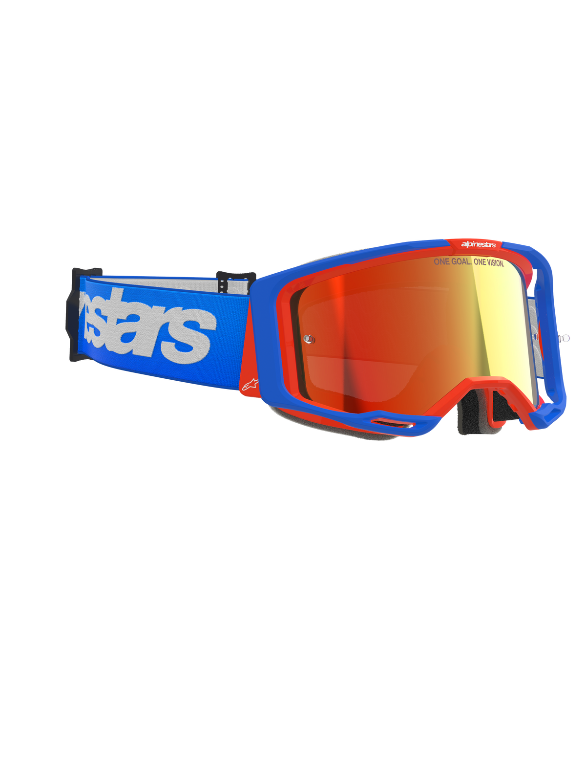 Alpinestars Vision 8 Wordmark goggles, motocross-briller, blå og orange ramme med rød spejllinse, blå rem med stort hvidt Alpinestars-logo, performance-beskyttelsesbriller til terrænkørsel