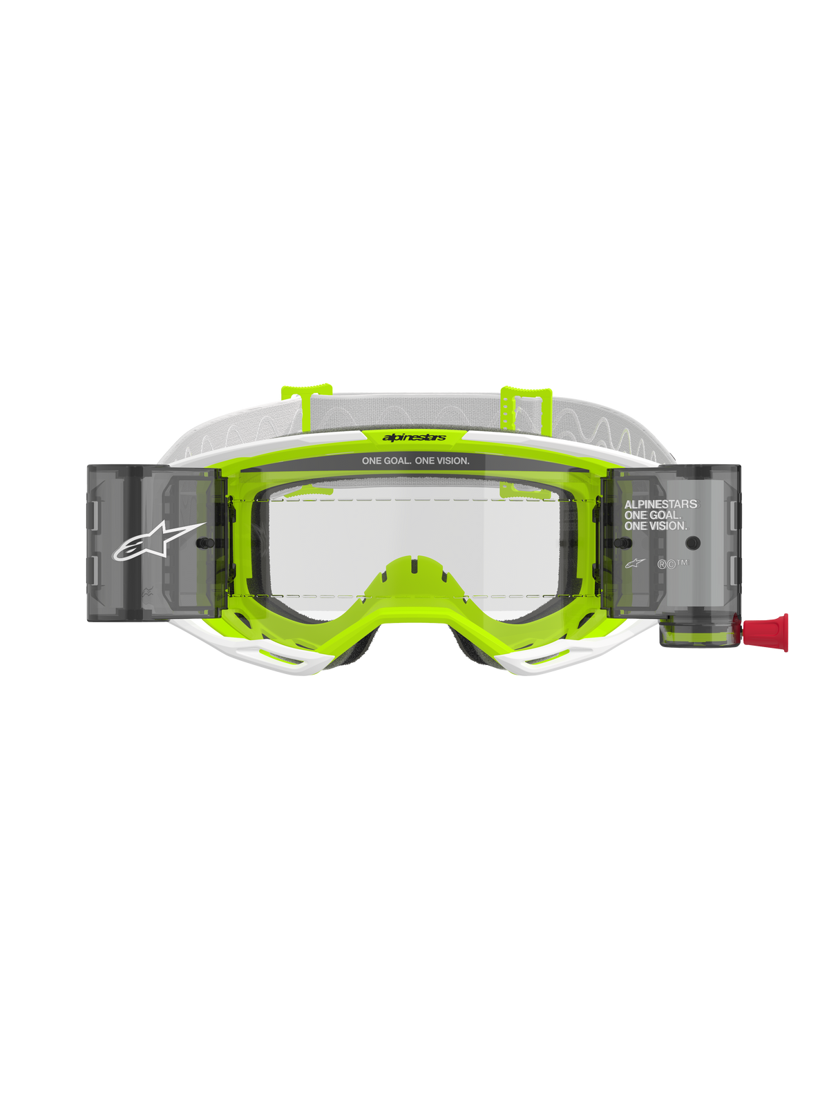 Alpinestars Vision 8 Wordmark Goggles Roll Off, hvid og fluorescerende gul ramme, klar linse med integrerede roll-off-beholdere, hvid vævet strop, med 'ONE GOAL. ONE VISION.' branding, professionel øjenbeskyttelse til motocross