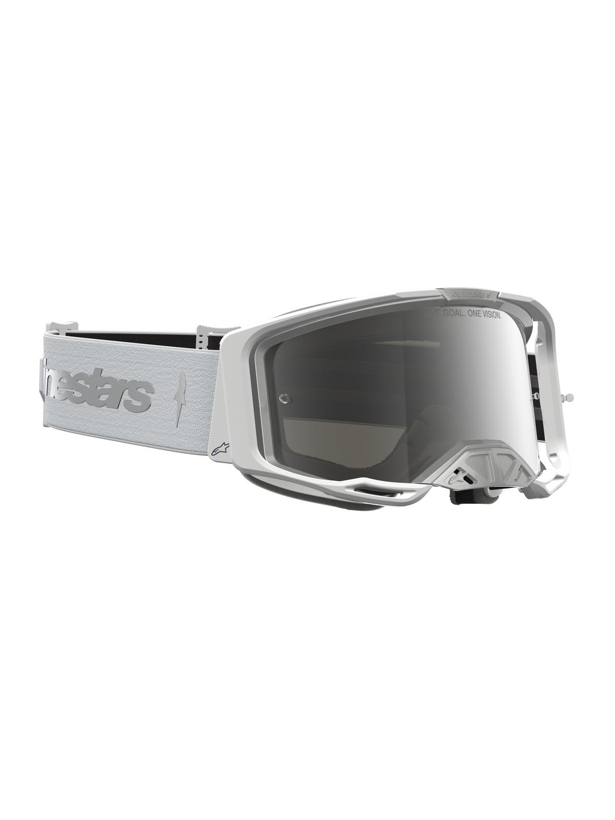 Alpinestars Vision 8 Amber Goggles, hvide og sølv motocross goggles med spejllinse, A-FLEX ramme og bredt synsfelt.