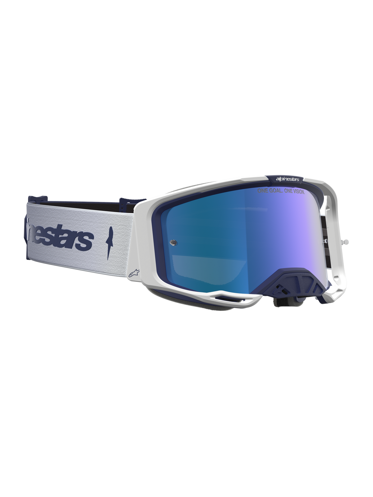 Alpinestars Vision 8 Amber Mirror Goggles, motocrossgoggles i blå og hvid med blå spejllinse og RAM-AIR ventilation